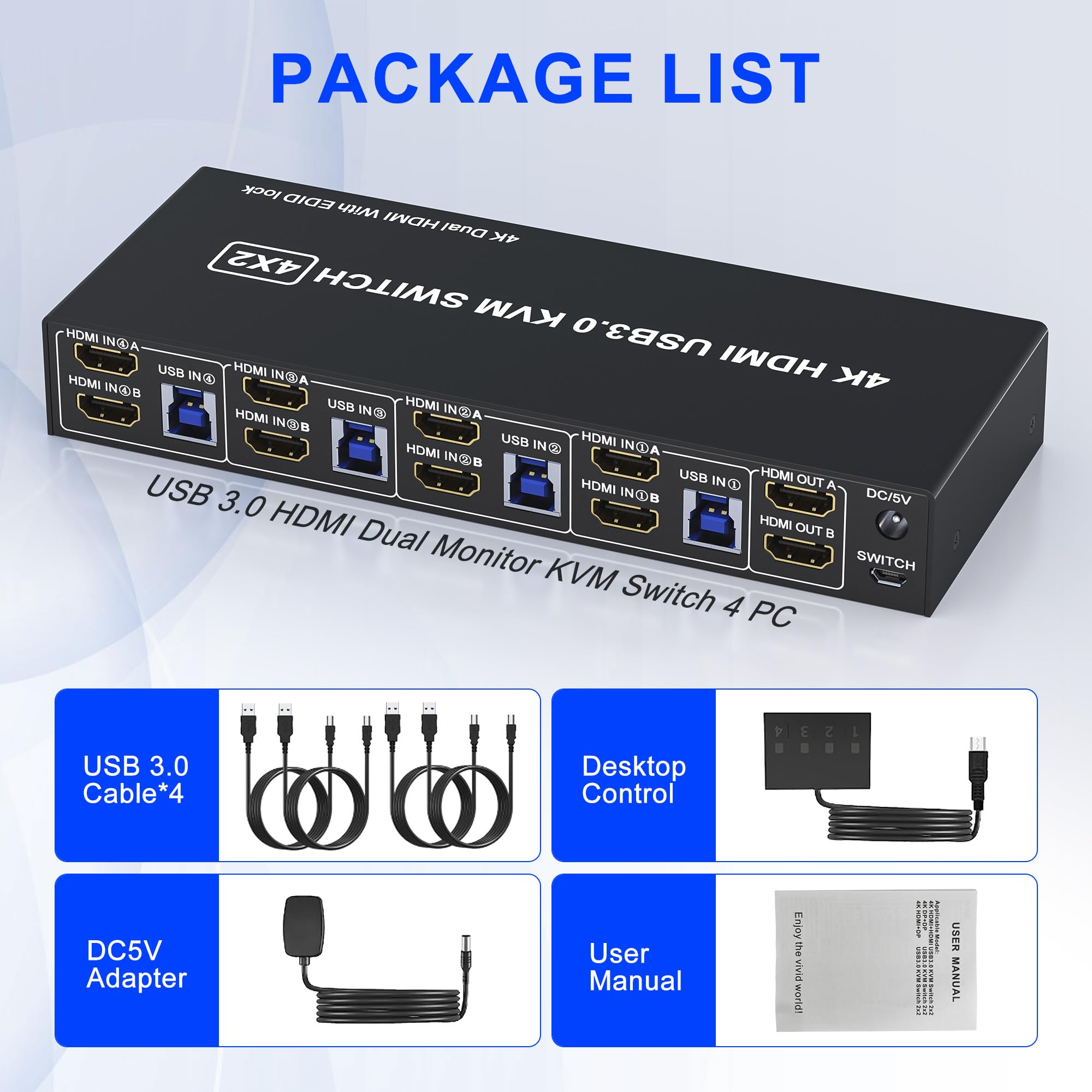 4 Port HDMI KVM Switch USB 3.0 - Dual Monitor 4K 60Hz for 4 Computers with EDID Support, Audio & Microphone Output, 3 USB 3.0 Ports - Perfect for Home Office, Gaming Setup & Multi-PC Workstations