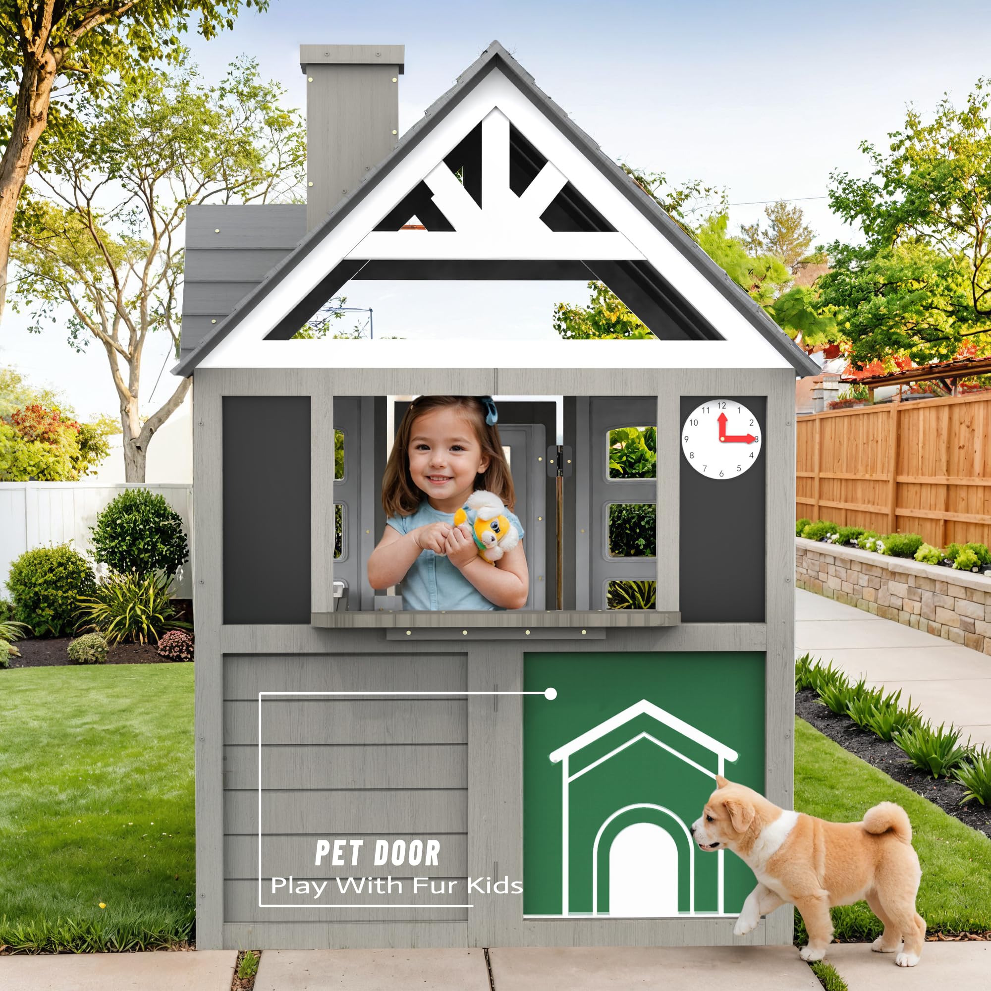 Cedar Gray Wooden Playhouse for Kids Ages 3-8 - Outdoor Play House with Interactive Doorbell, Kitchen Counter, Sink & Window Boxes | Perfect Backyard Toy for Pretend Play & Outdoor Fun