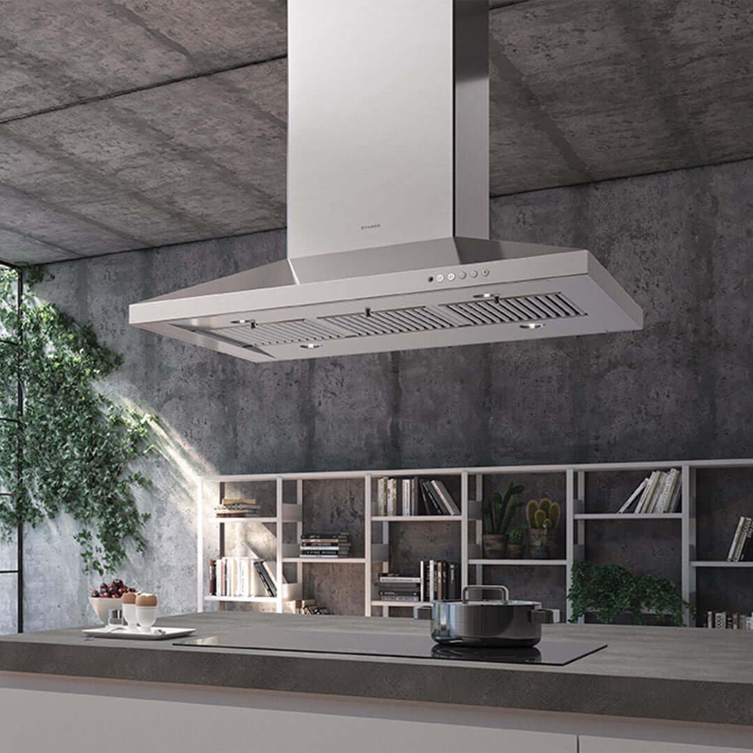 Faber Dama Isola Island Mount Range Hood - Stainless Steel Kitchen Vent Hood with Multiple Sizing Options - Perfect for Modern Open-Concept Kitchens and Cooking Areas
