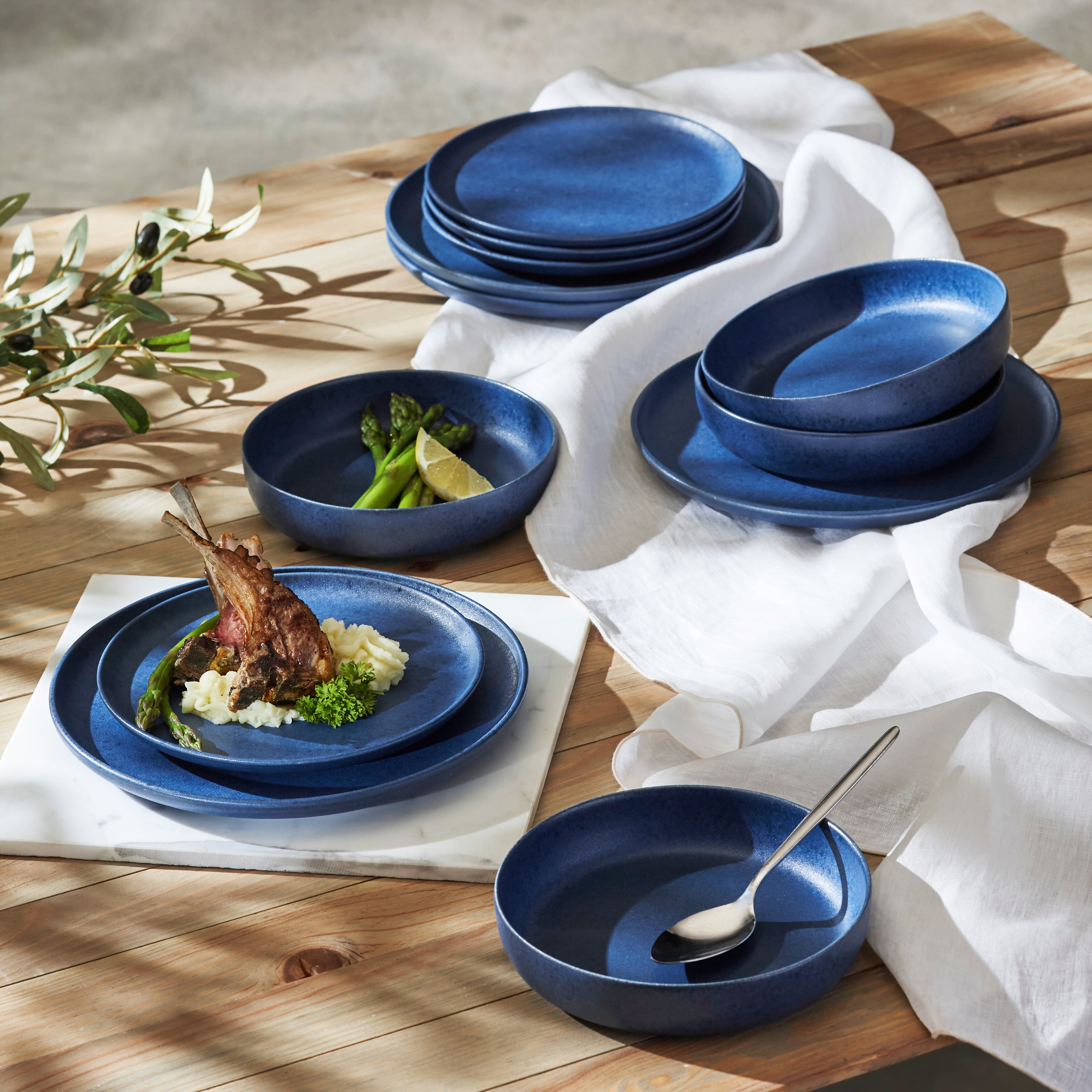 Premium Macchio Stoneware Dinnerware Set - Blue Matte Finish, Handcrafted in Portugal, Scratch & Chip Resistant - Elegant Table Setting for Everyday Meals & Dinner Parties