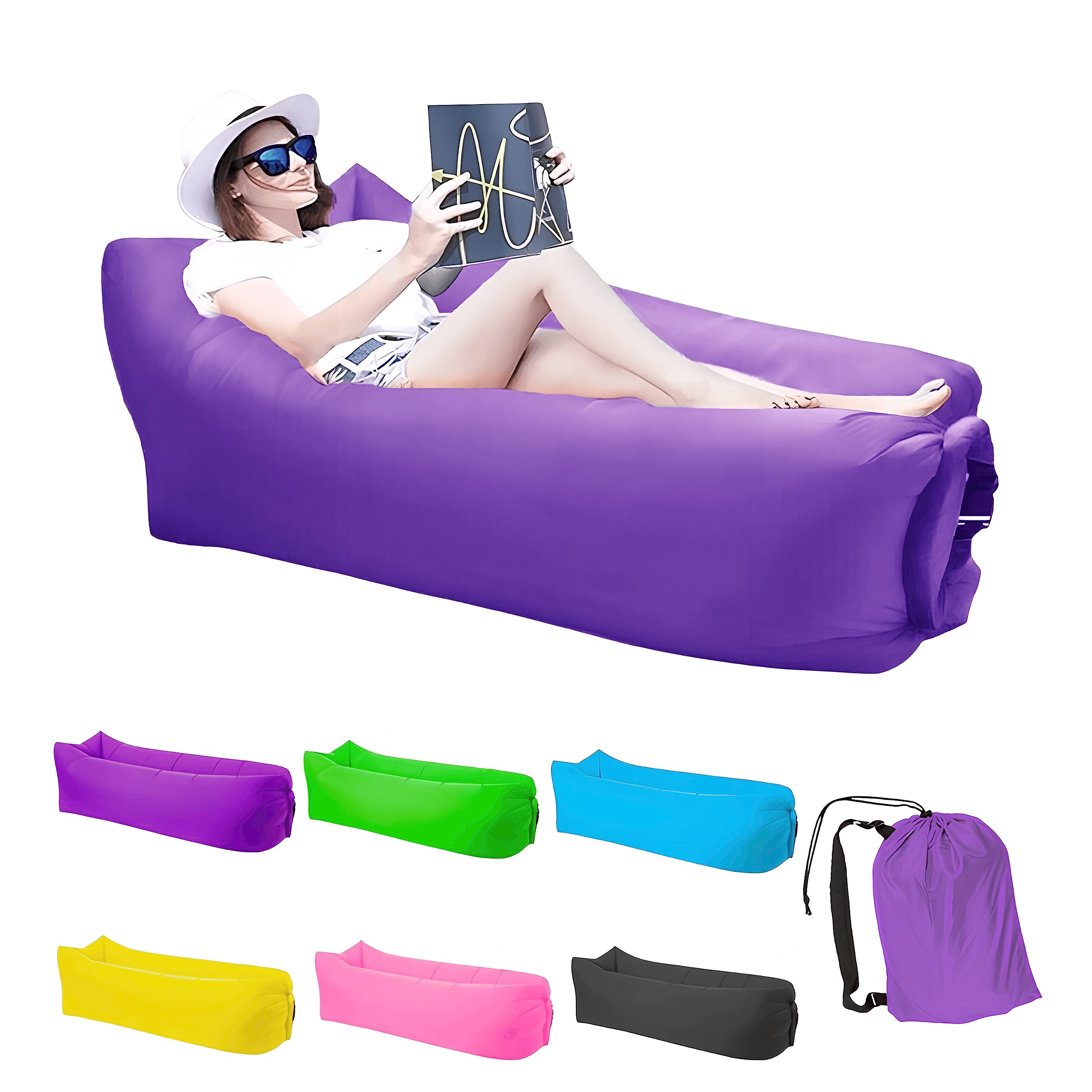 Inflatable Lounger Air Sofa Hammock - Portable Waterproof Camping Couch with Anti-Leak Valve for Outdoor, Beach, Hiking, Picnics & Music Festivals - Perfect for Relaxing in Backyard, Park or Poolside (Purple)