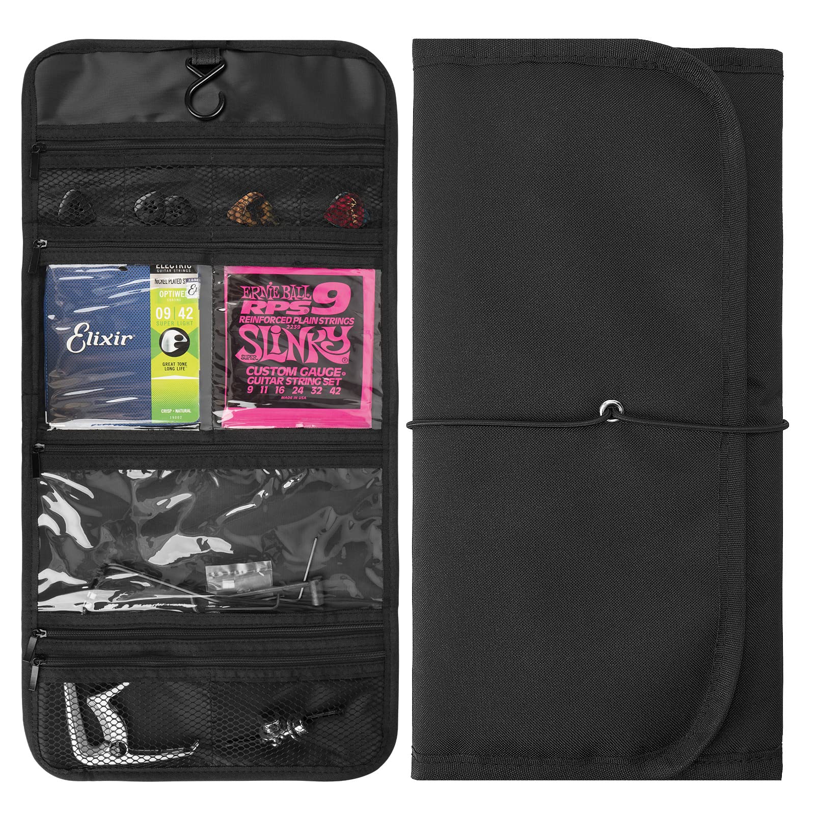 **Foldable Guitar Accessory Organizer Bag - Black Storage Case for Picks, Strap, Capo & Strings | Portable & Easy Access Pockets | Perfect for Travel, Practice & Gig Storage**