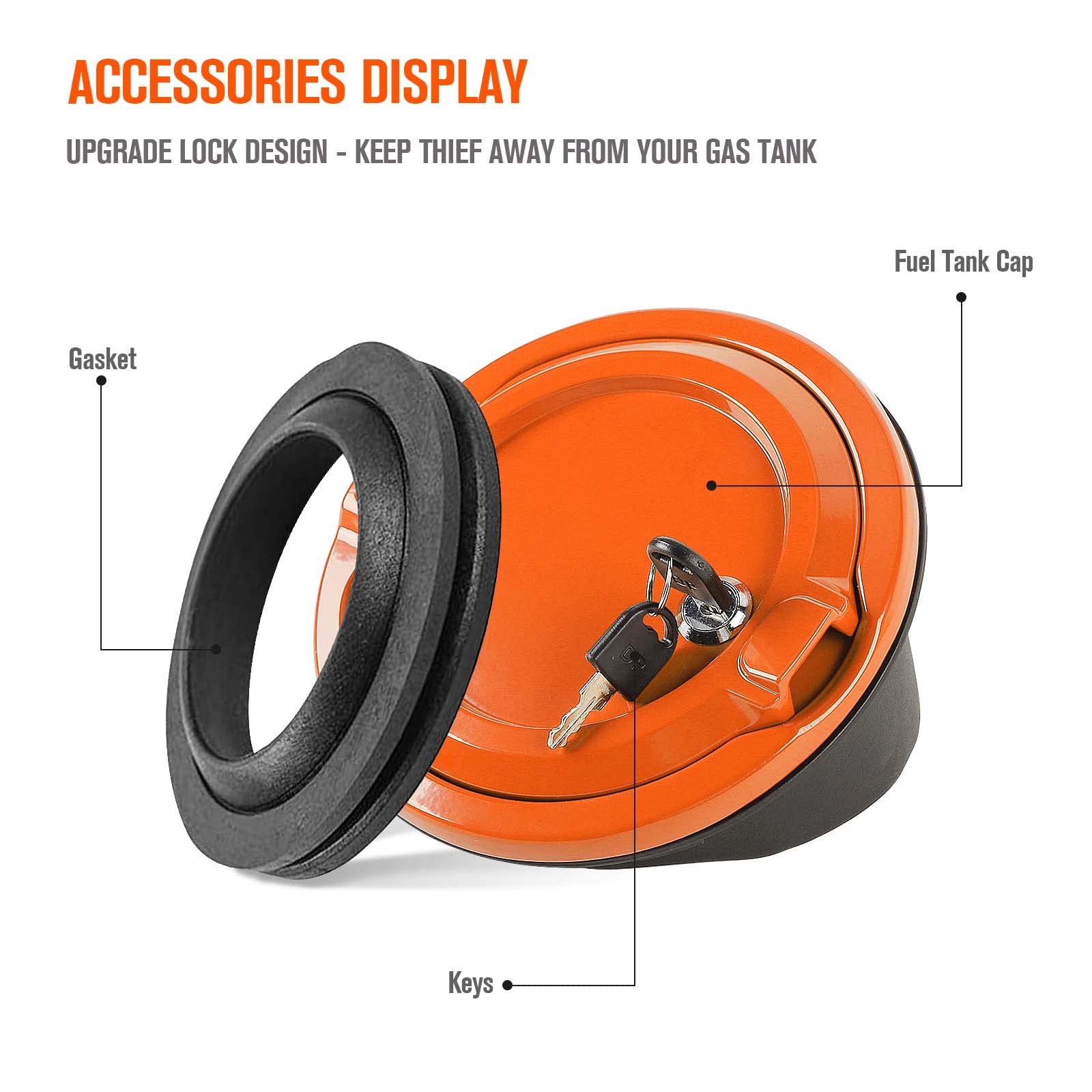 JeCar Locking Fuel Filler Cover - Aluminum Alloy Gas Tank Door for Jeep Wrangler JL & Unlimited (2018-2023) - Anti-Theft Exterior Accessory in Orange - Perfect for Off-Roading & Vehicle Security Protection