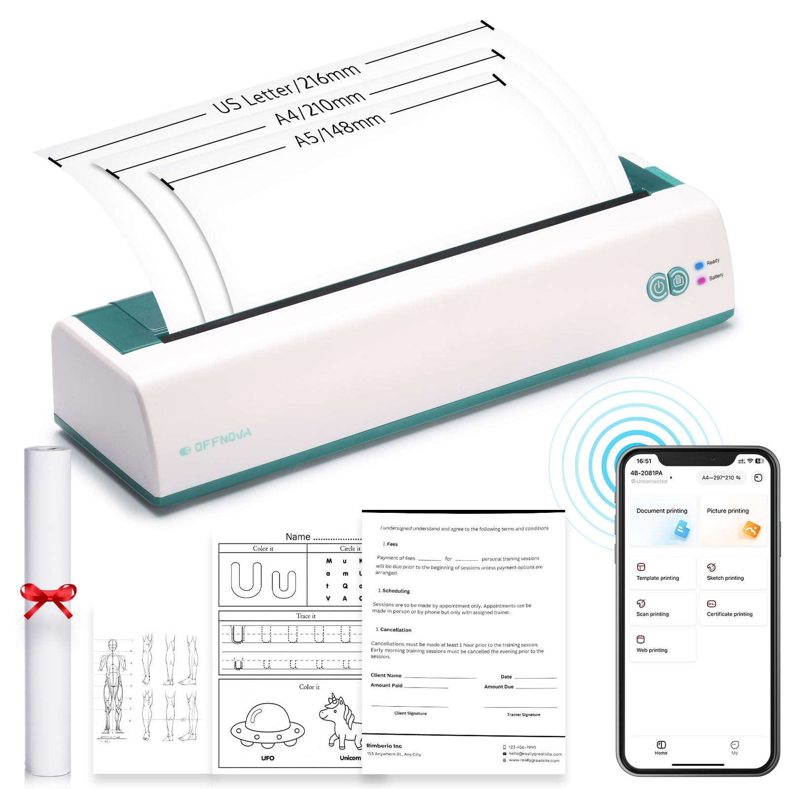 OFFNOVA Wireless Portable Thermal Printer for Travel - Inkless Printing, US Letter & A4 Size Compatible - Works with iOS, Android, Laptop - Includes 8.5