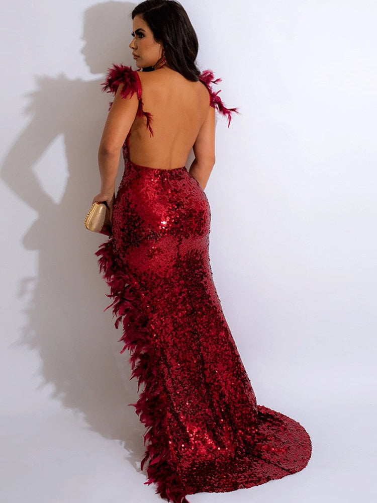 Elegant Women's Feather Trim High Slit Maxi Dress for Evening Parties & Special Occasions