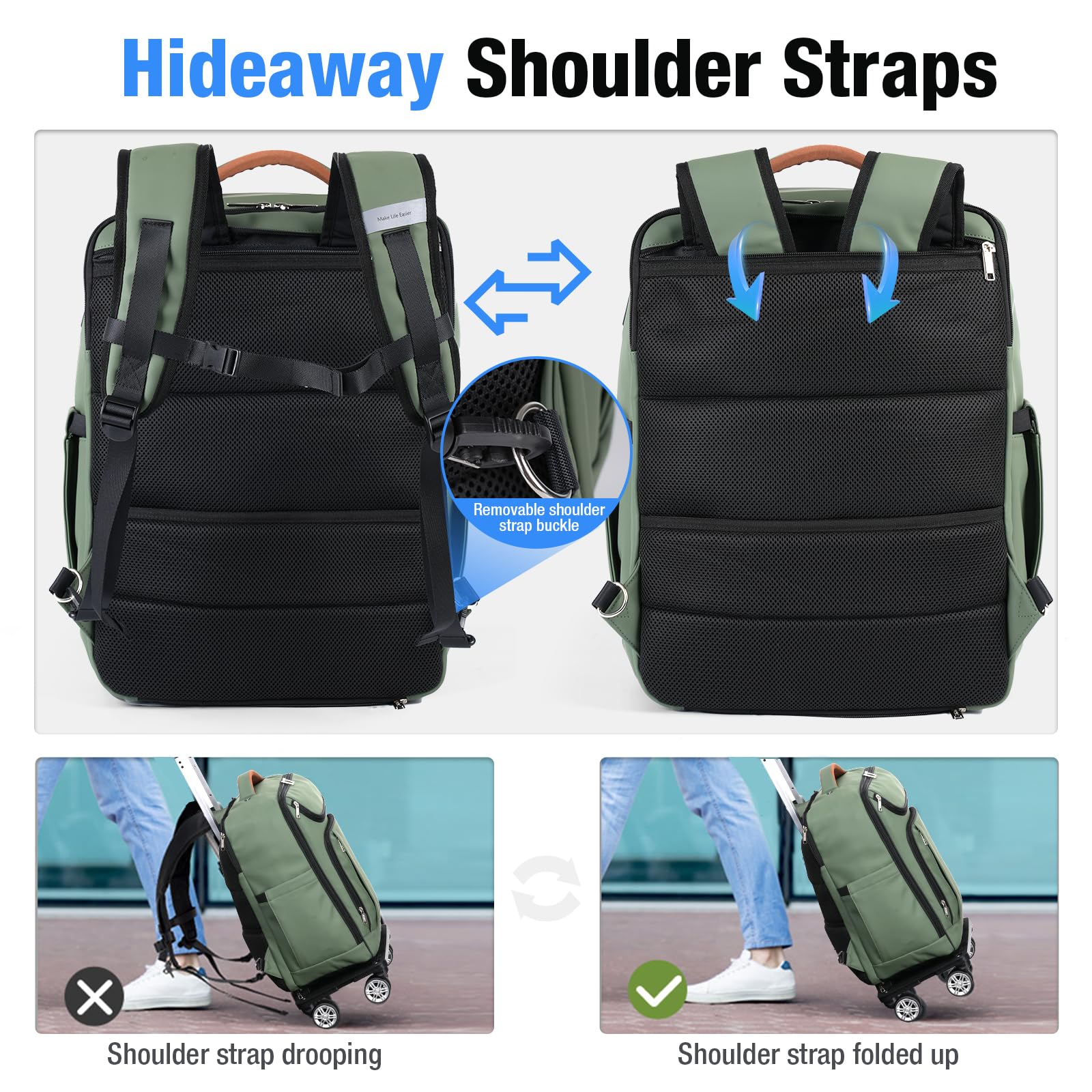 **18 Inch Waterproof Rolling Backpack with 360° Wheels – Airline Approved Convertible Travel Backpack for 15.6