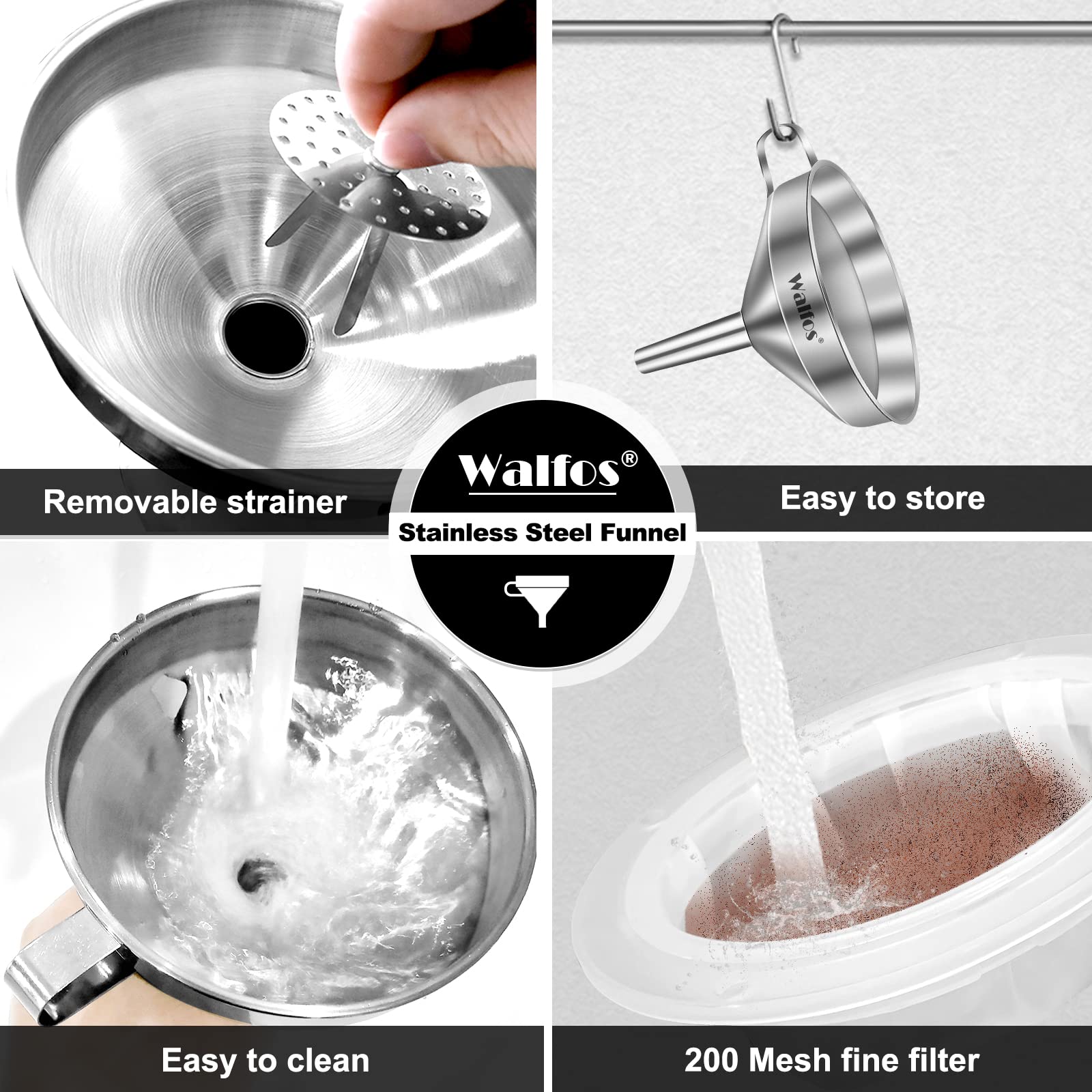 Premium Stainless Steel Kitchen Funnel with 2 Removable Strainers & Cleaning Brush - Ideal for Liquids, Oils, Jam, Dry Ingredients & Powder Transfer (4.9