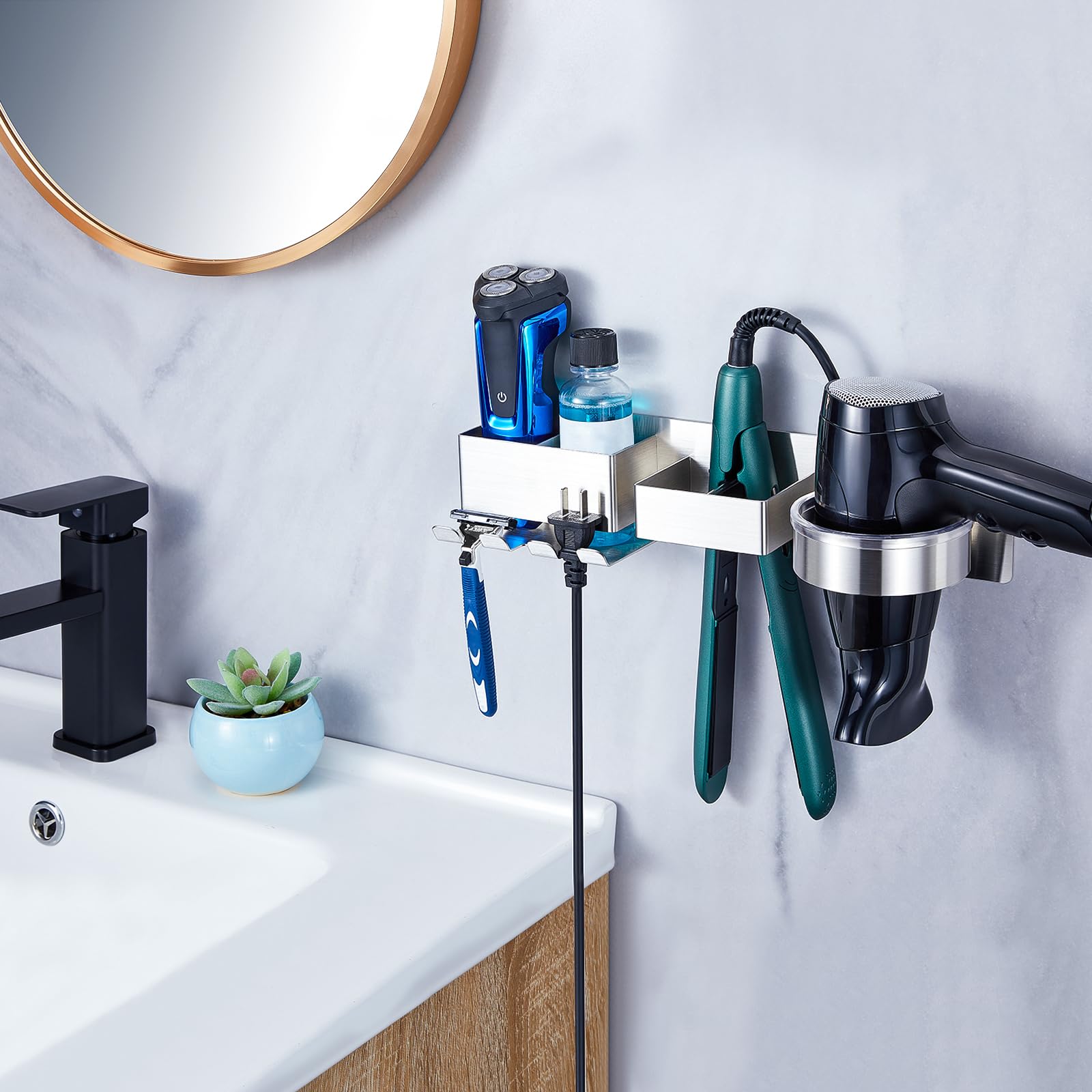 Wall Mounted Hair Straightener & Blow Dryer Holder - Stainless Steel Hair Tool Organizer with Adhesive & Plug Hook - Perfect for Bathroom, Salon & Home Hair Styling Storage
