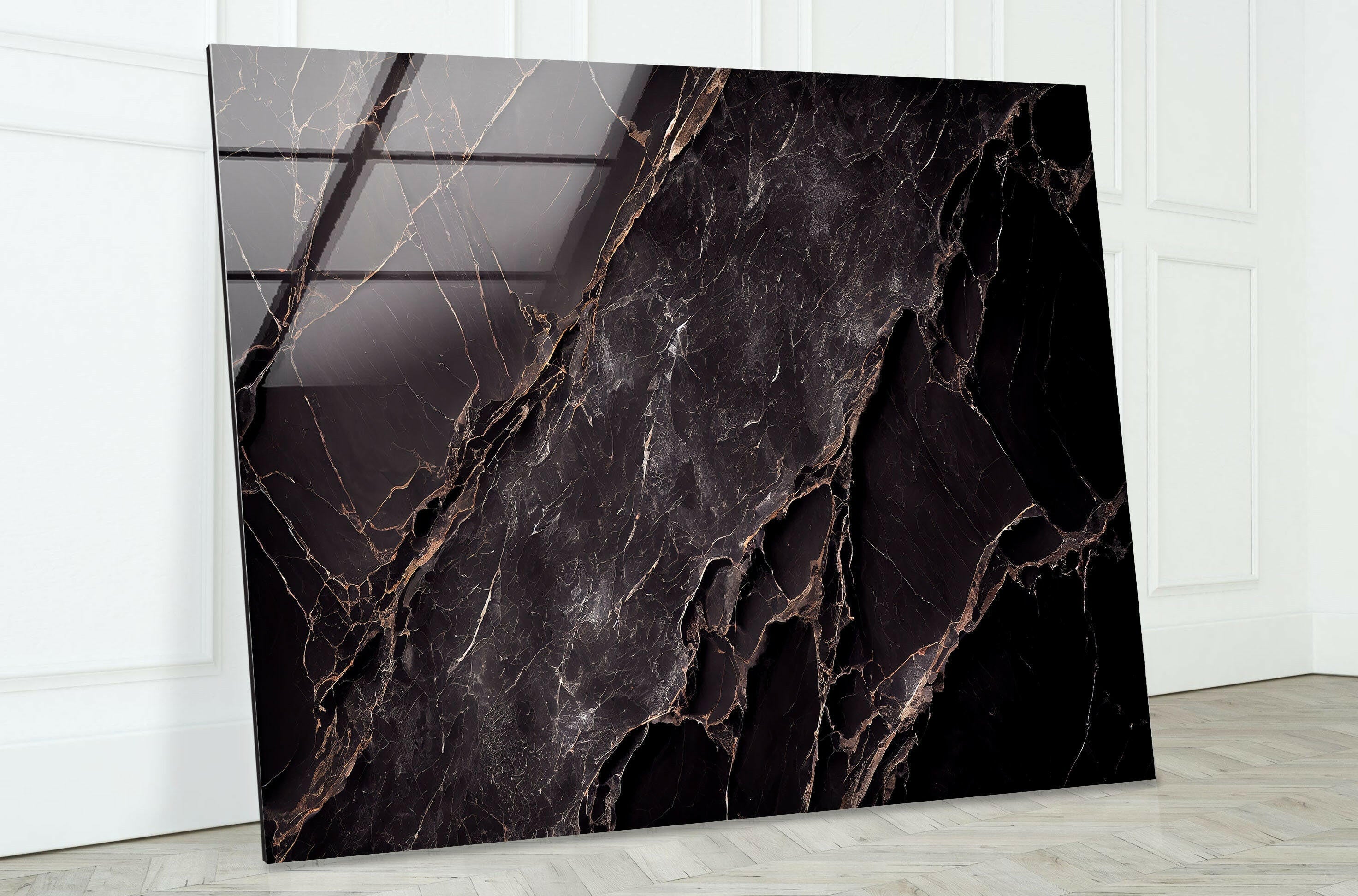 Black Marble Natural Abstract Glass Wall Art - Modern Home Decor for Living Room, Bedroom & Office | Elegant Glass Wall Sculpture for Contemporary Interior Design