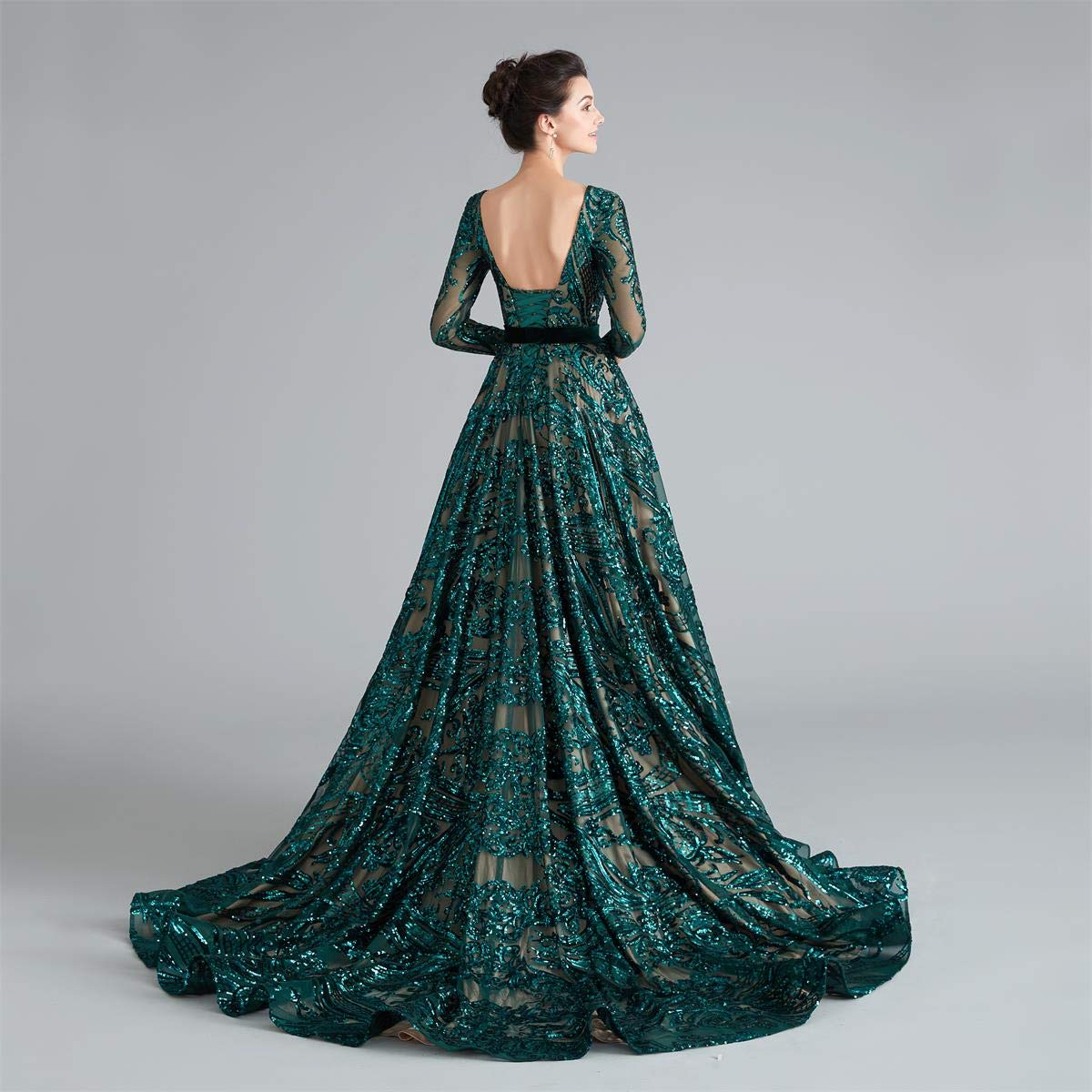 Elegant Women's Sequin Long Sleeve Formal Evening Dress with Chapel Train - Luxury Prom Party Gown for Weddings, Galas & Special Occasions