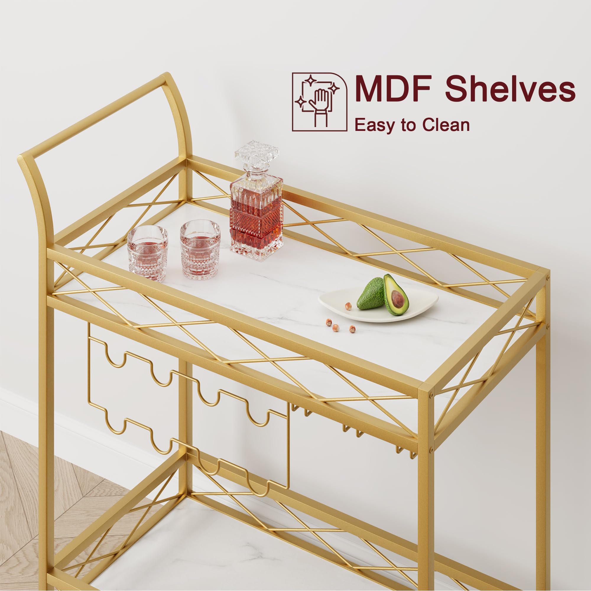 IDEALHOUSE 2-Tier Gold Bar Cart with Wheels - White Marble Finish Wood Shelf, Wine Rack & Glass Holder - Mobile Serving Cart for Kitchen, Living Room, Dining Room, Party & Home Entertainment