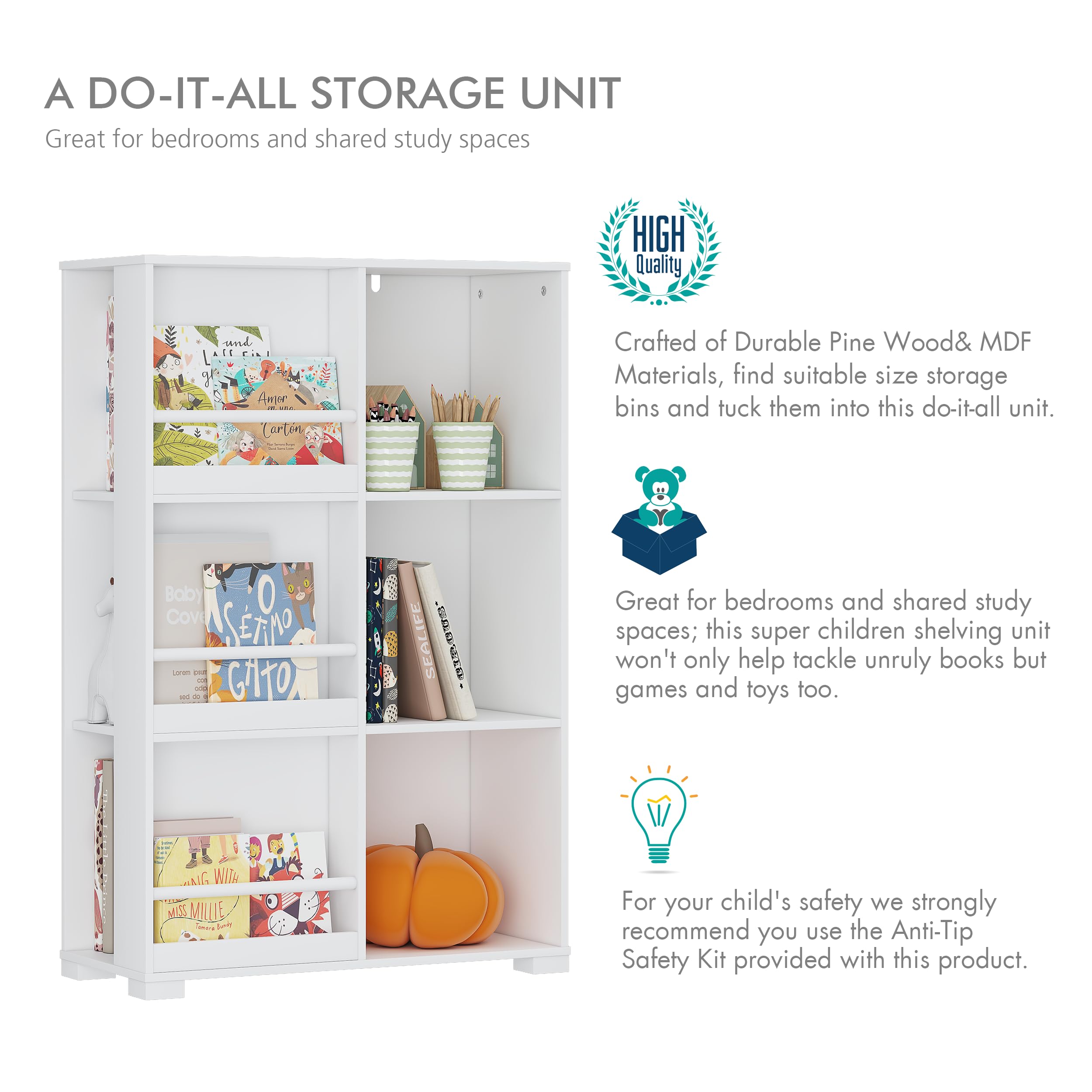 UTEX Kids Bookshelf - Wooden Bookcase with 6 Cube Storage, Toy Organizer & Display Stand for Nursery, Bedroom, Study Room - Perfect for Kids' Book Storage and Playroom Organization