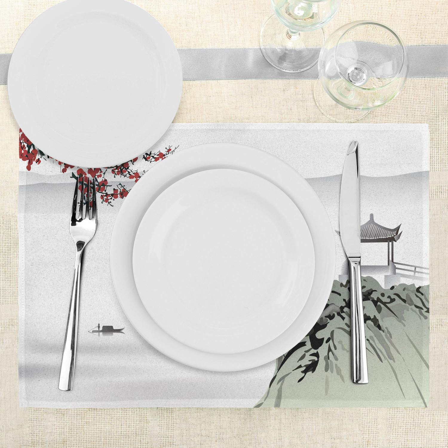 Ambesonne 4-Pack Japanese River Scenery Cherry Blossom Boat Placemats - Washable Fabric Dining Table Mats with Cultural Design, Standard Size, Ruby Grey - Perfect for Spring Dining Decor & Asian-Themed Dinner Parties