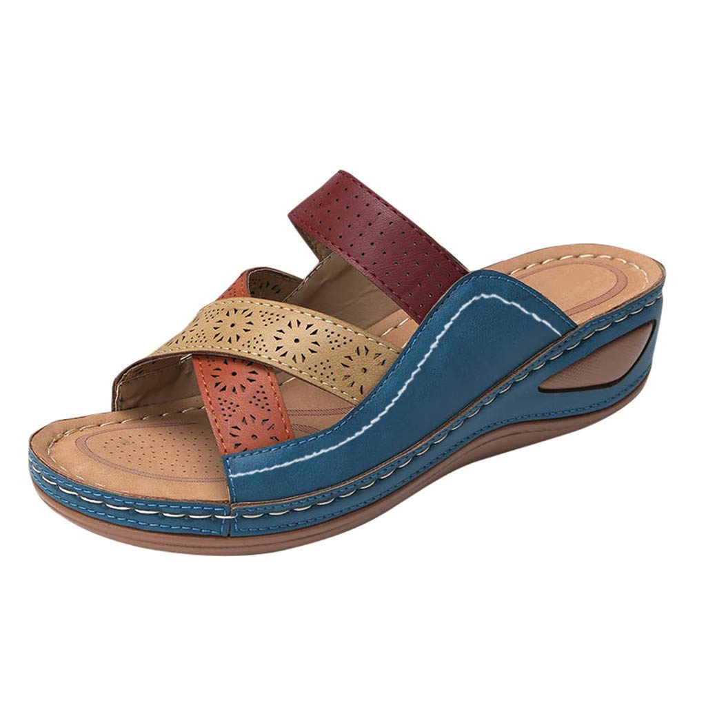 Women's Comfortable Wedge Slide Sandals - Open Toe Soft Footbed Summer Slippers for Walking, Beach & Casual Wear (Blue, Size 7.5) | Breathable & Supportive Slides for Women