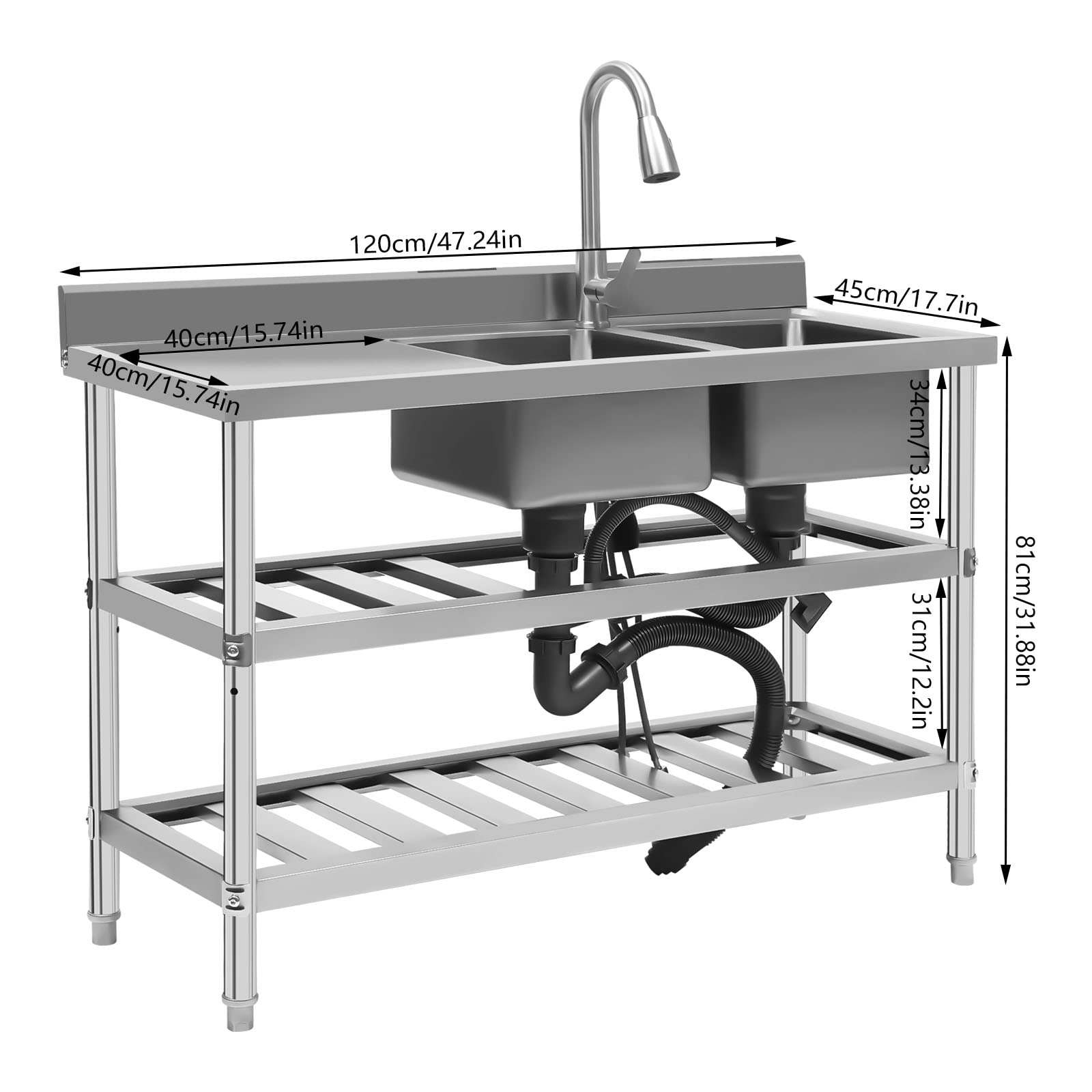 Commercial Stainless Steel Utility Sink - Double Bowl Restaurant Kitchen Sink with Strainer, 201 Stainless Steel Freestanding Rectangular Sink for Food Prep, Dishwashing & Commercial Kitchens