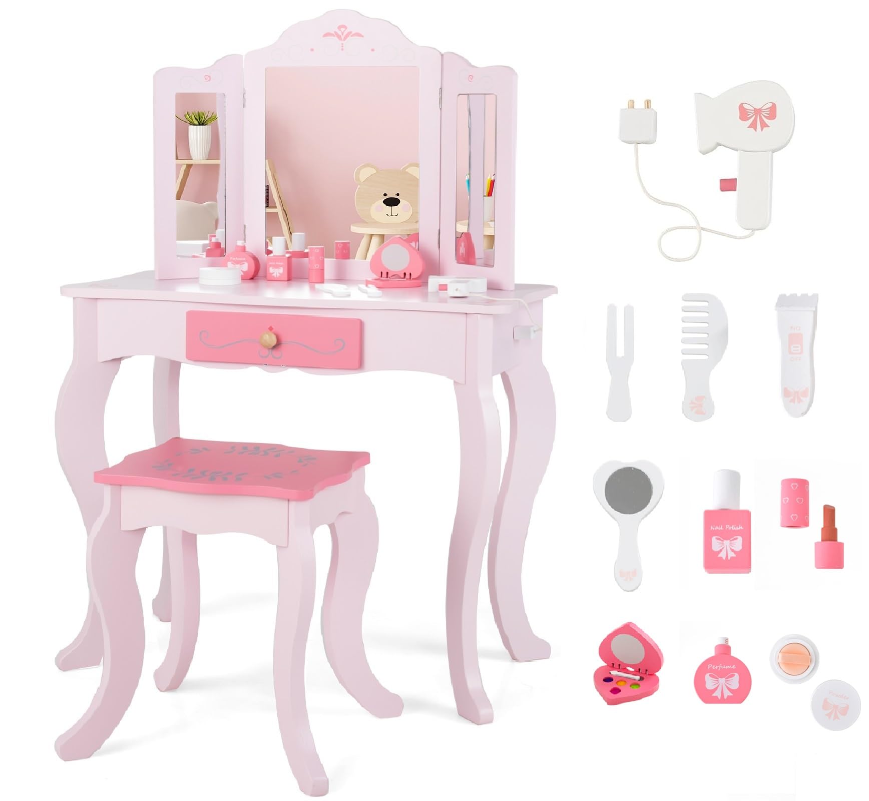 INFANS Kids Vanity Set - 2-in-1 Princess Makeup Table & Chair with Tri-Fold Mirror, 10 Accessories, Wooden Dressing Table for Girls - Perfect for Birthday Gifts, Pretend Play & Room Decor (Pink)