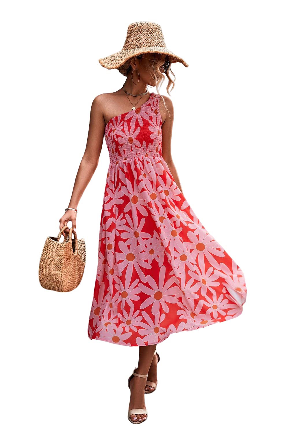 Women's Floral One Shoulder Midi Dress - 2022 Summer Boho Chic Ruffled Sleeveless Tunic Dress for Beach Vacation, Date Night & Casual Outings