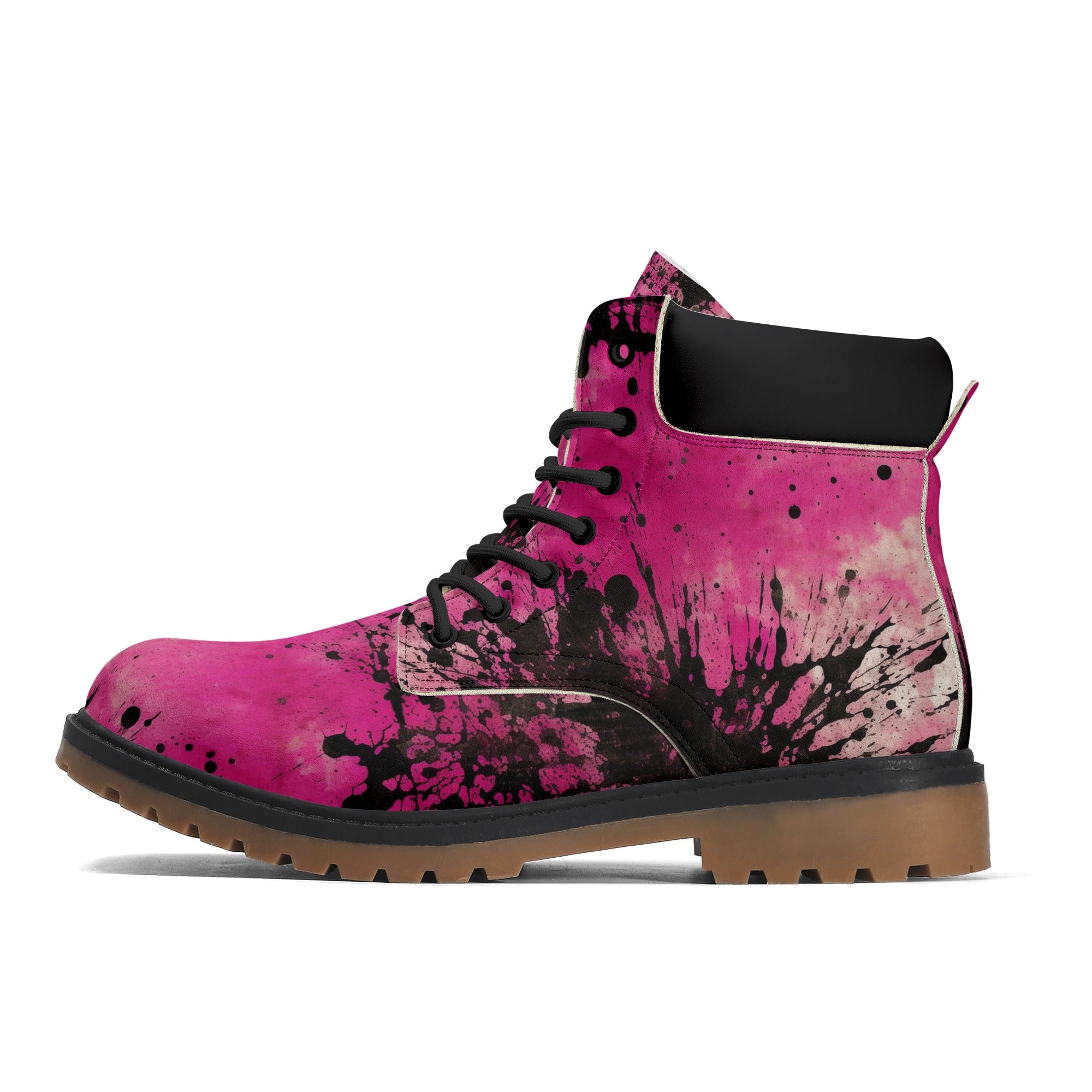Gothic Pink and Black Leather Boots for Women - All Season Comfort with Brown Outsole - Perfect for Halloween, Cosplay, and Everyday Gothic Fashion