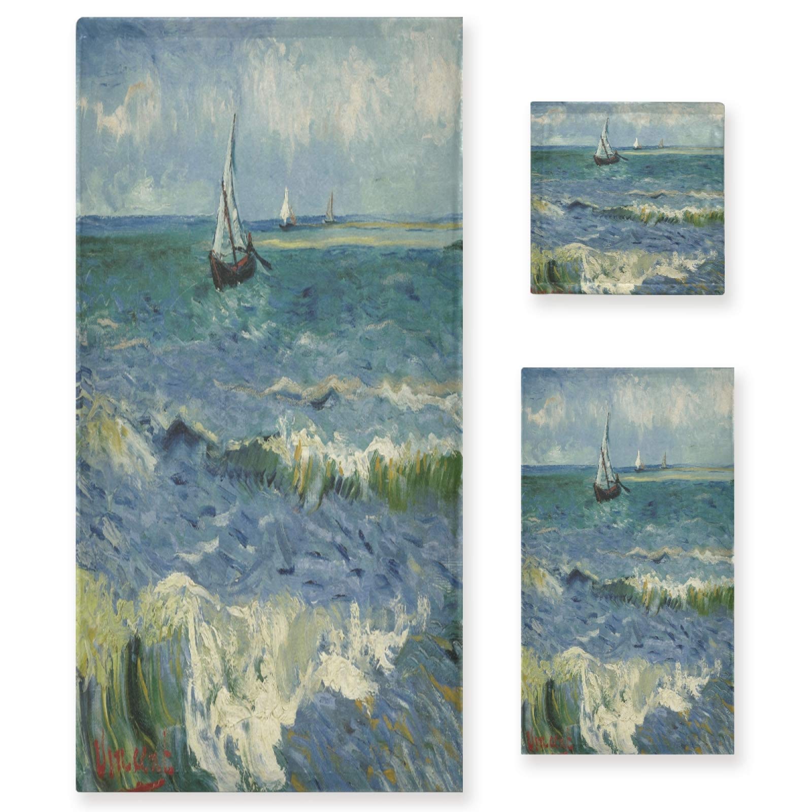 Blueangle Van Gogh Sailboat 3-Piece Bath Towel Set - Super Soft & Absorbent Cotton Bath, Hand & Wash Towels | Fade Resistant | Perfect for Spa, Beach & Guest Bathrooms