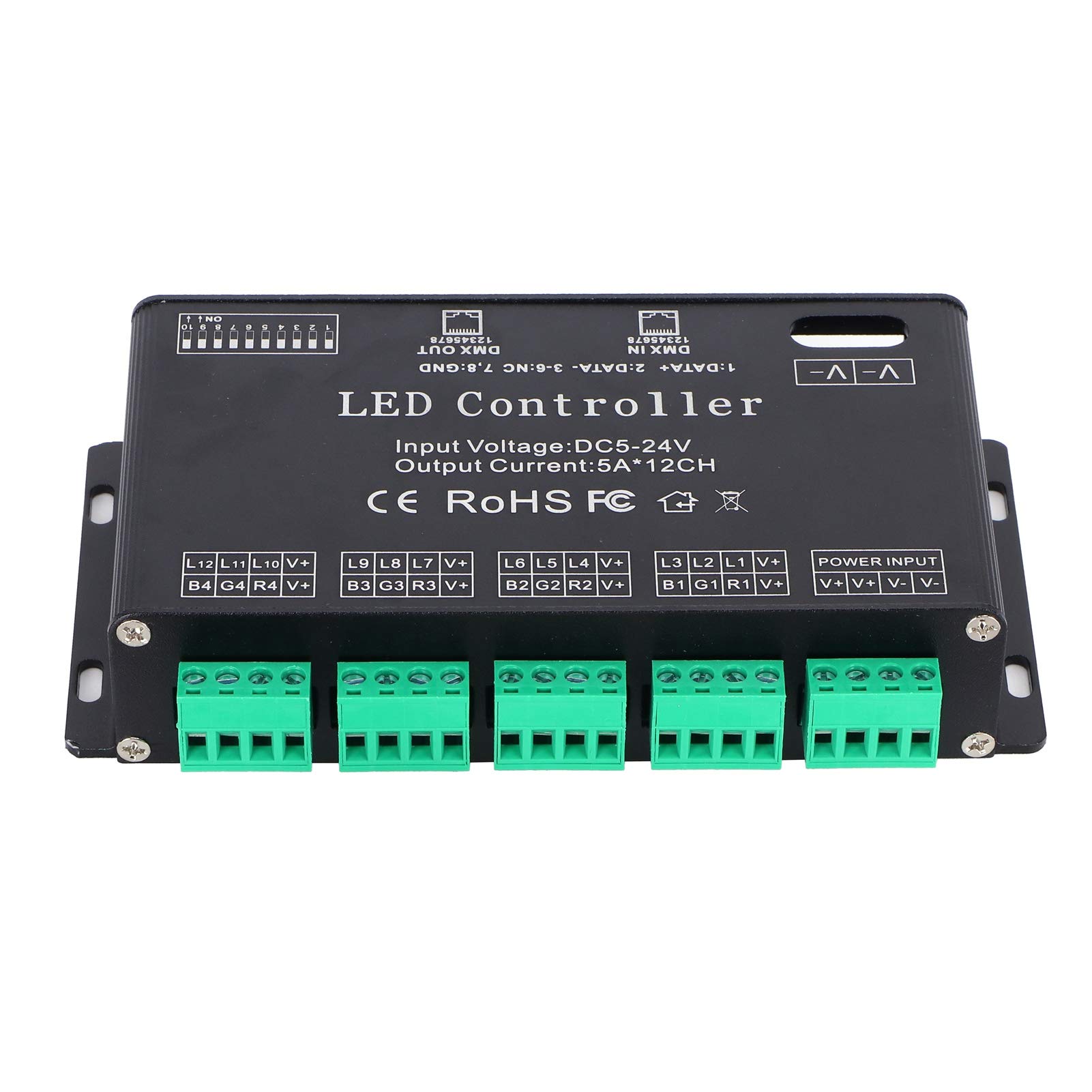 Walfront 12 Channel DMX512/1990 LED RGB Strip Light Controller - Constant Current Decoder & Dimmer Board with DIP Switch (DC 5-24V) for Stage Lighting, Home Theater, and Architectural Lighting