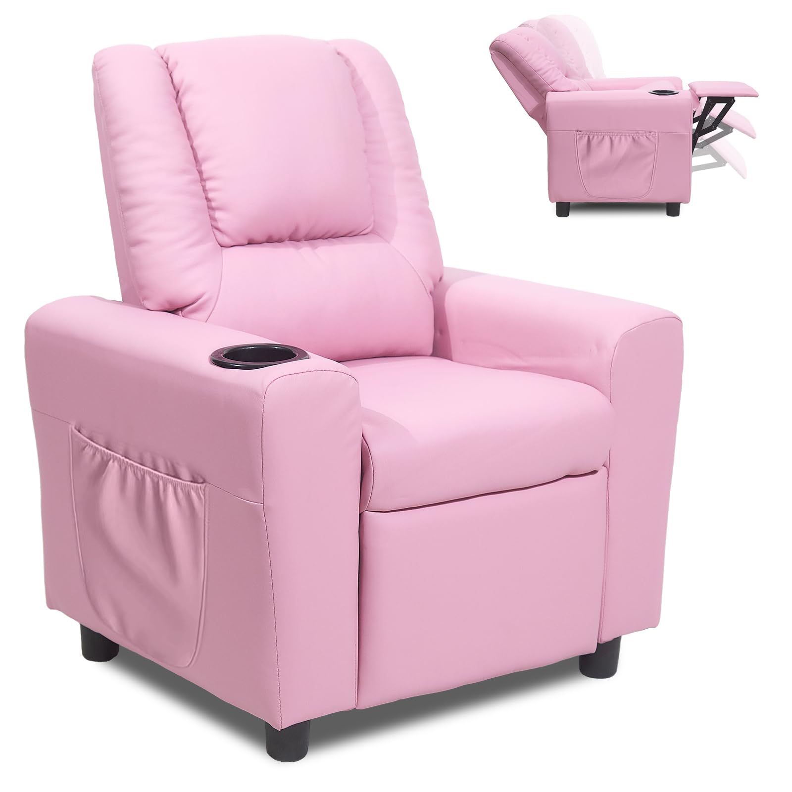 Best Kids Recliner Chair for Toddlers Age 2-4 - Soft Leather Lounge Chair with Cup Holder & Side Pocket - Pink Toddler Recliner for Boys & Girls - Perfect for Bedroom, Playroom & TV Time