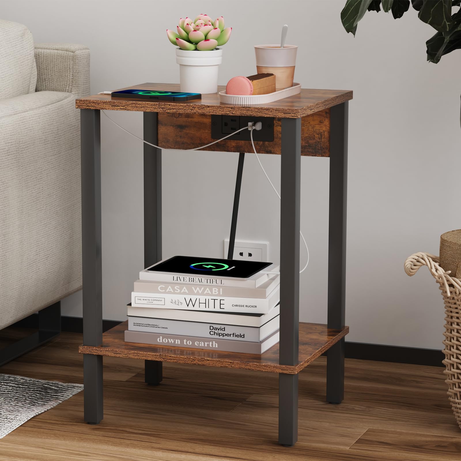 2-Tier Narrow End Table Set with USB Charging Station & Outlets - Nightstand with Storage Shelves for Small Spaces, Perfect for Living Room, Bedroom & Dorm Use