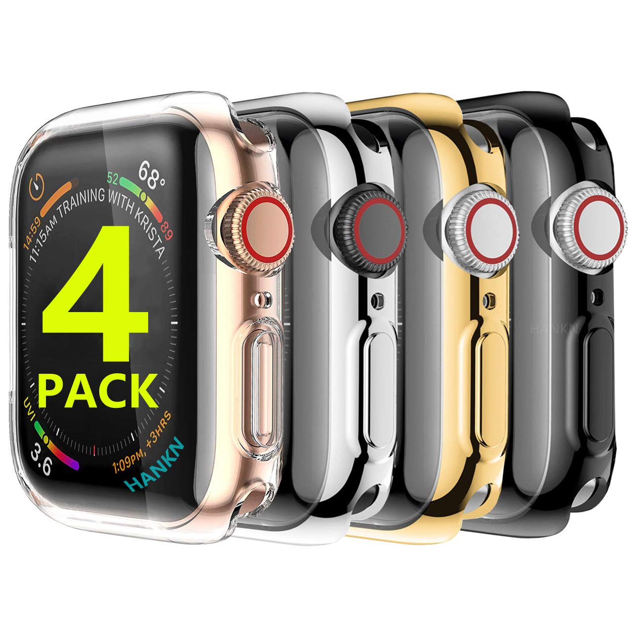 HANKN 4 Pack 41mm Case for Apple Watch Series 9/8/7 - Soft TPU Full Coverage Screen Protector with Shockproof Bumper (Clear/Silver/Gold/Black) - Perfect for Gym, Outdoor Sports & Daily Protection