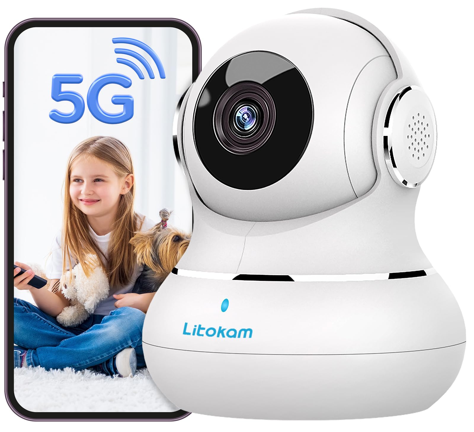 Litokam 5MP Indoor Security Camera - 2.4/5GHz Dual Band WiFi Pet & Baby Monitor - Alexa Compatible Home Surveillance Camera for Dogs, Babies & Home Protection - Perfect for Nursery, Living Room & Pet Areas