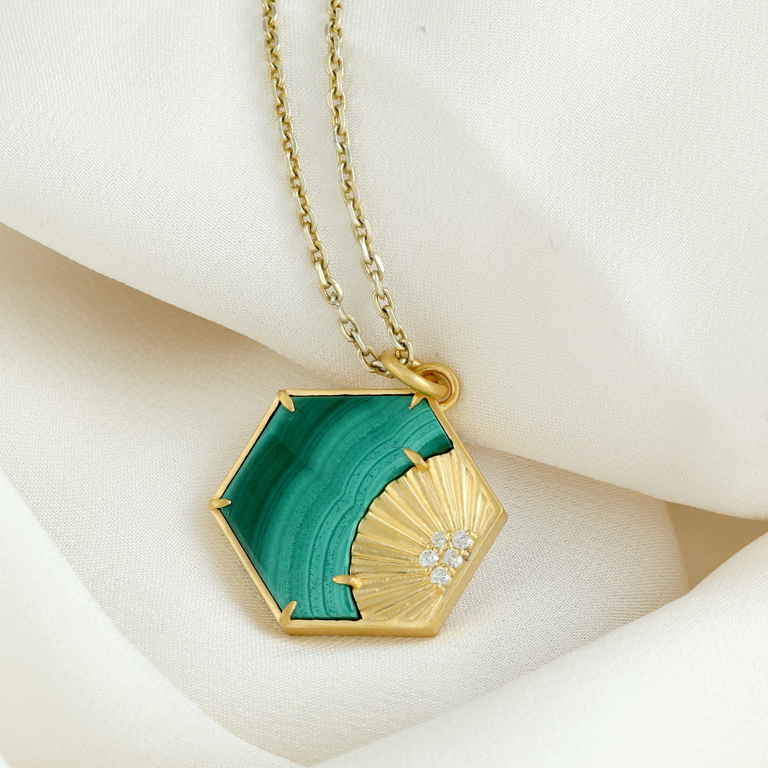 14K Solid Yellow Gold Hexagon Malachite Diamond Pendant Necklace for Women - Elegant Jewelry Gift for Her, Perfect for Birthdays, Anniversaries & Special Occasions