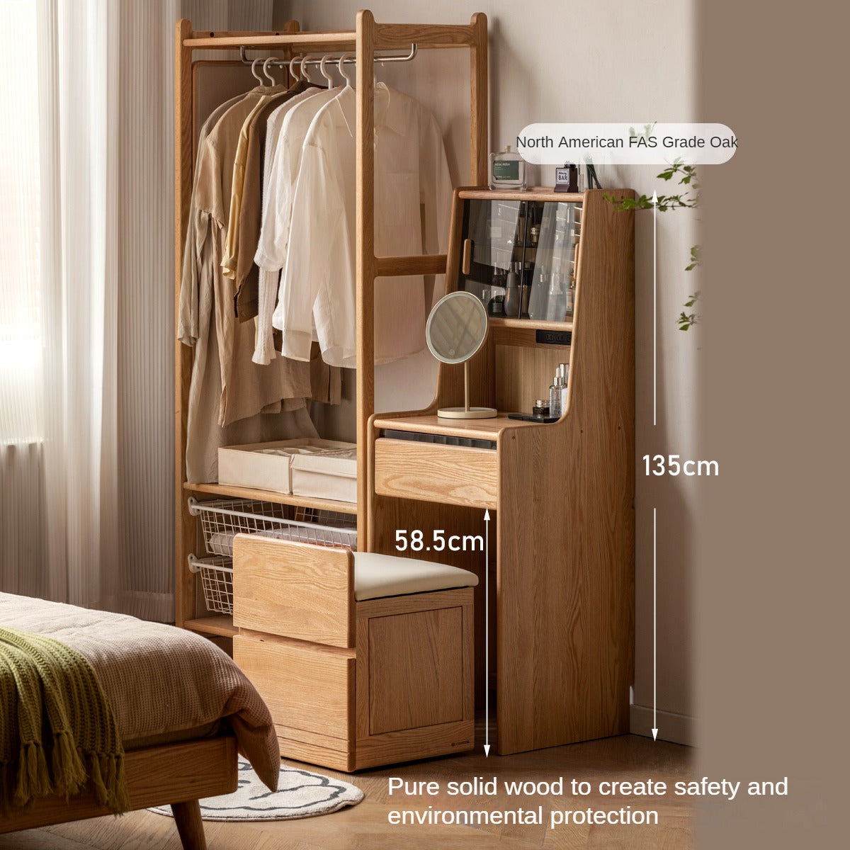 Solid Oak Wood Modern Minimalist Bedside Dressing Table - Perfect for Small Bedrooms & Apartment Vanity Areas