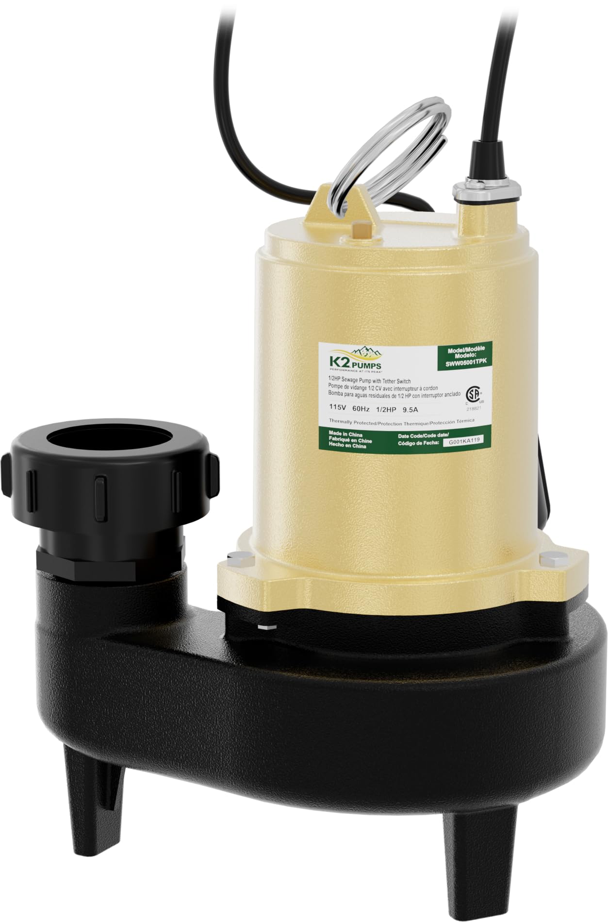 3/4HP Cast Iron Sewage Pump with Tethered Float Switch & Quick Connect Fitting - K2 Pumps SWW07501TPK - Ideal for Basement Flooding, Septic Systems & Wastewater Removal