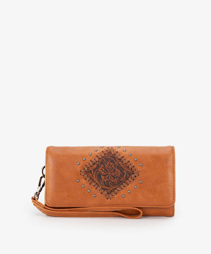 Montana West Genuine Leather Tooled Studded Wristlet Clutch Purse for Women - Perfect for Parties, Weddings & Evening Events