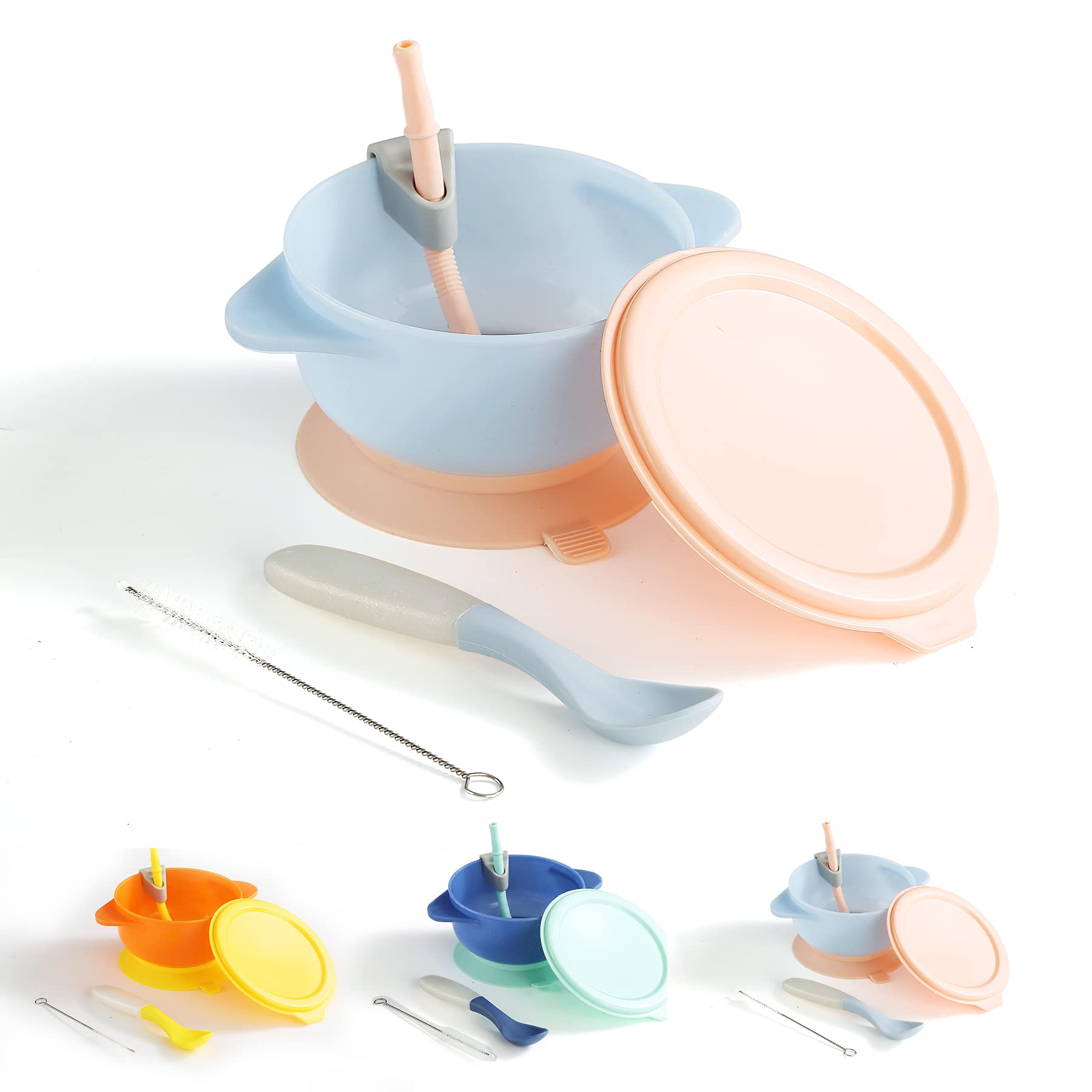 Kyraton Baby Bowls with Straw & Spoons - Unbreakable, Reusable, Slip-Resistant Suction Bowls for Infants & Toddlers - Perfect for Milk, Soup, Ice Cream & Baby-Led Weaning - Light Blue Feeding Bowl for High Chair, Travel & Home Use