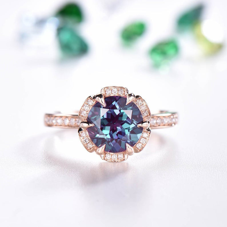 Vintage Alexandrite Engagement Ring - Art Deco Flower Halo Design, 14K Gold Wedding Band for Women, Unique Gemstone Jewelry Gift for Her | Perfect for Proposals, Anniversaries & Special Occasions
