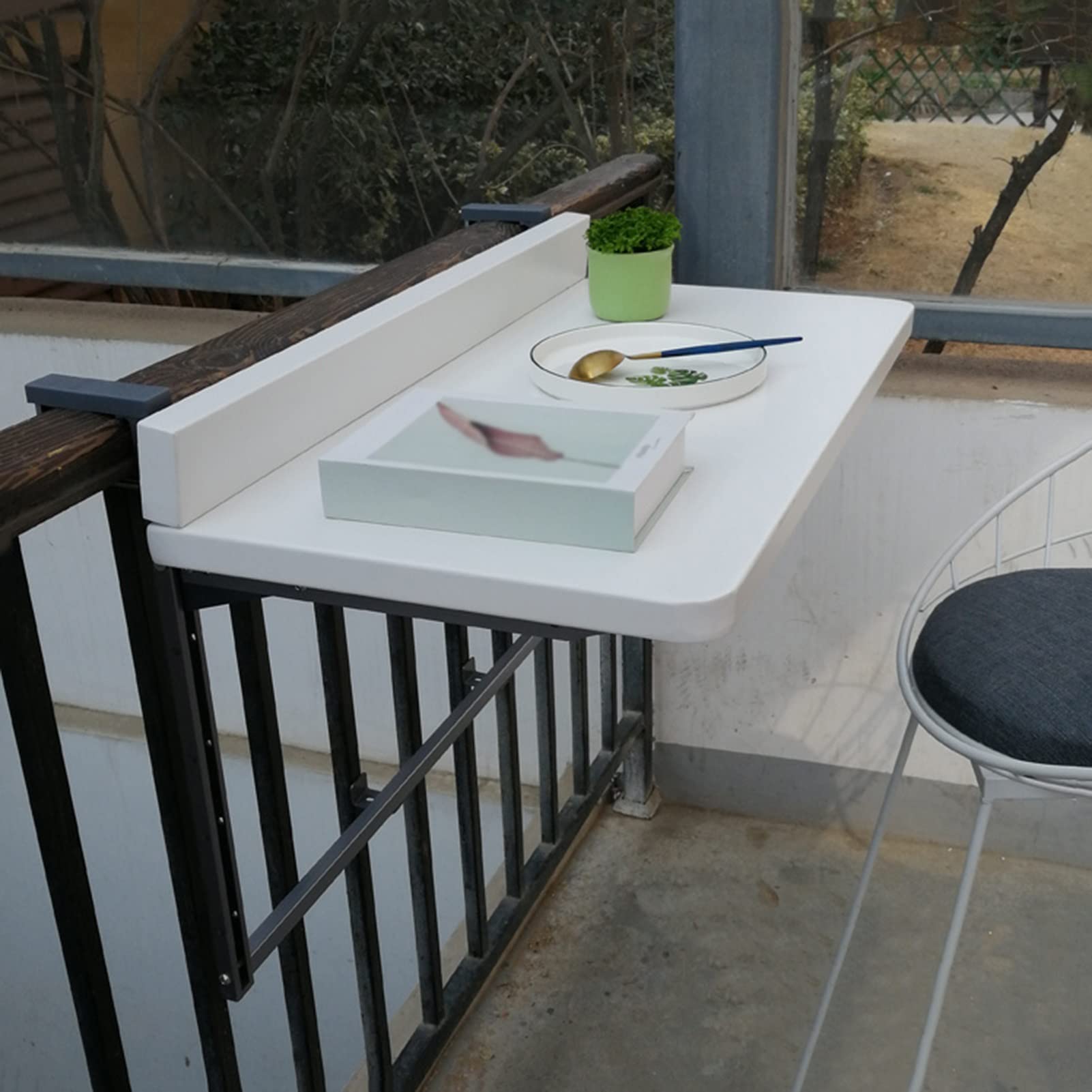 Balcony Hanging Table - Floating Aluminum Waterproof Drop Leaf Desk with Bracket - Foldable Dining Table for Home, Patio & Small Spaces - Height Adjustable (White, 120x40cm) - Perfect for Outdoor Dining, Reading & Relaxing