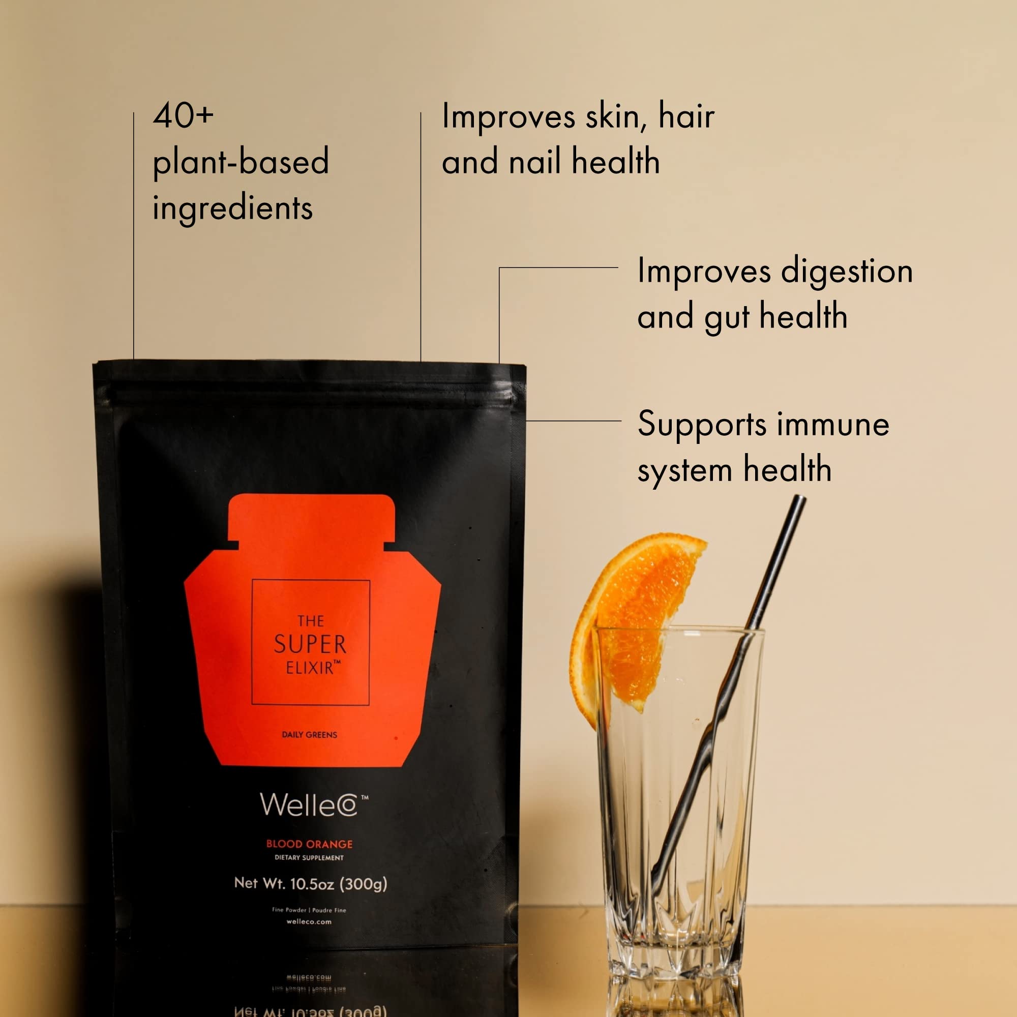WelleCo The Super Elixir Daily Greens Powder - Vegan Probiotic Drink Mix with Whole Foods for Gut Health, Energy Boost & Immunity Support | Gluten Free Superfood Supplement for Healthy Skin, Hair & Nails (300g, Blood Orange Flavor) | Perfect for Smoothies, Wellness Shots & Daily Detox Routines
