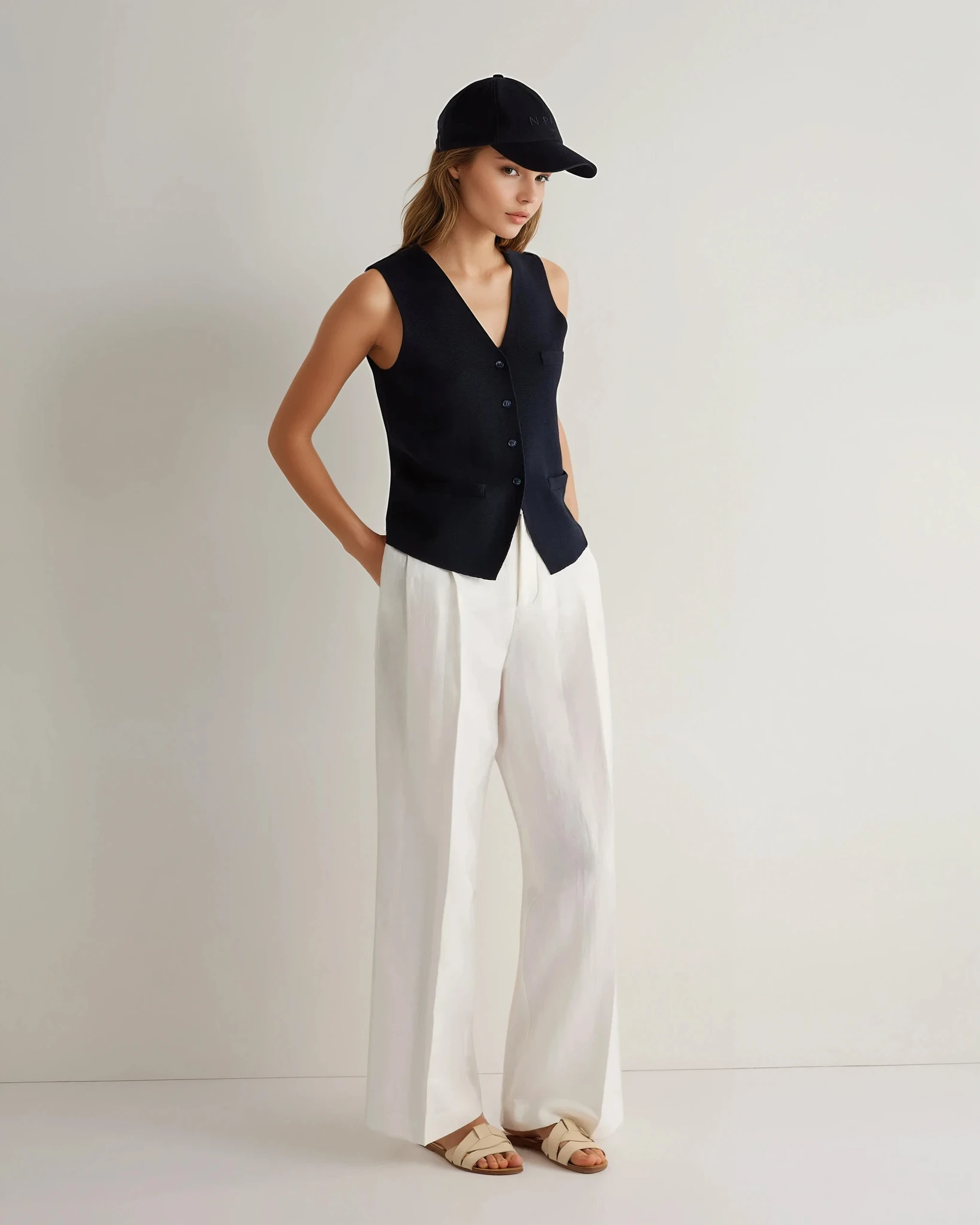 Women's Mila Cotton Cashmere Silk Blend Waistcoat Vest - Navy Blue - Elegant Layering Piece for Office Wear & Fall Fashion