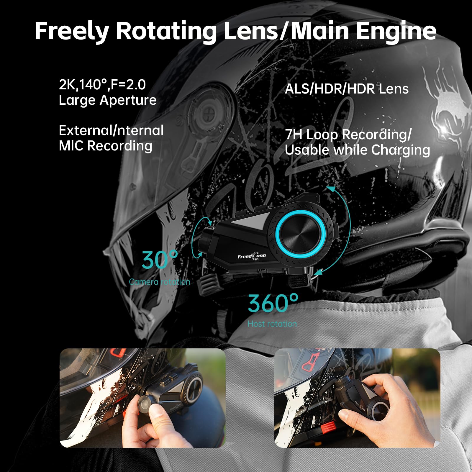 FreedConn Motorcycle Bluetooth Headset with 2K Camera - 360° HD Video, 6-Way Intercom, 1500M Range, IP65 Waterproof, 128GB TF Card - Perfect for Group Rides, Vlogging & Adventure Motorcycling