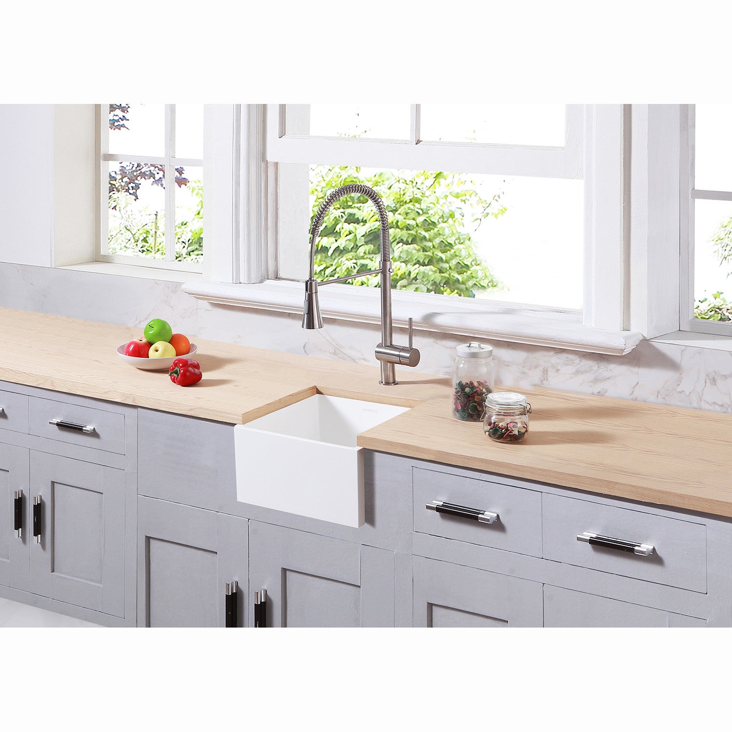 Arcticstone GKUSA15158 15 Inch White Farmhouse Kitchen Sink - Solid Surface Apron Front Single Bowl Bar Prep Sink with Strainer, Matte White - Perfect for Modern Farmhouse & Rustic Kitchen Designs