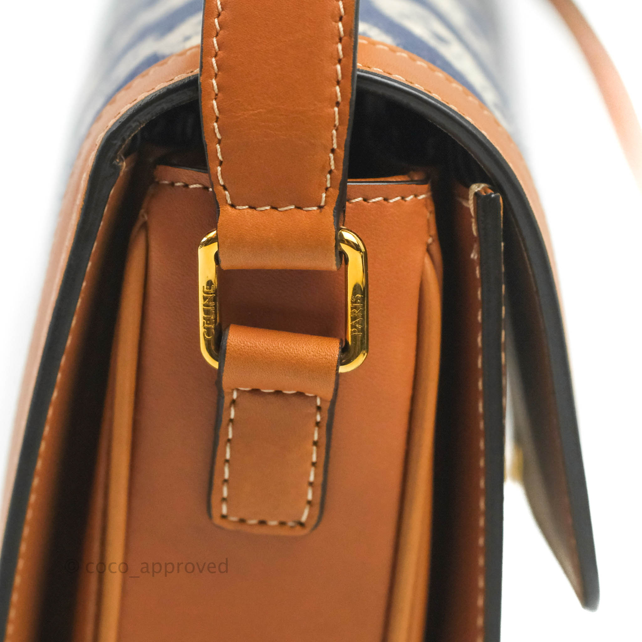 Celine Medium Triomphe Bag in Jacquard Canvas & Tan Calfskin with Chain Strap - Luxury Crossbody Purse for Women, Perfect for Work, Date Night & Travel