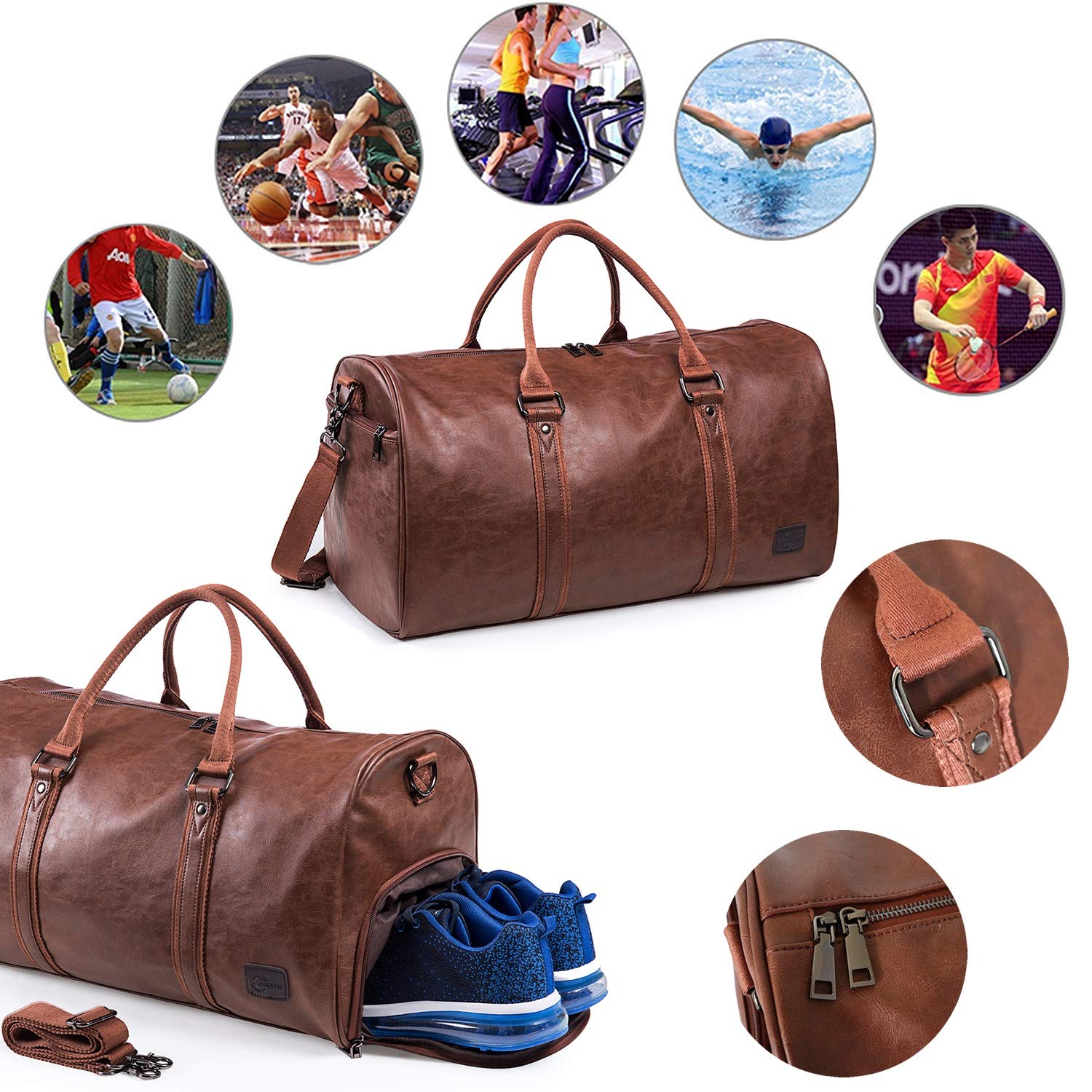 Premium Leather Travel Bag with Detachable Shoe Compartment | Waterproof Weekender & Overnight Duffle Bag for Men & Women (Brown) | Perfect for Gym, Business Trips & Weekend Getaways