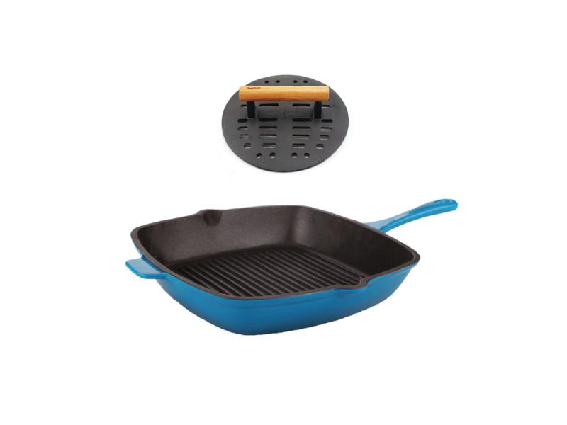 BergHOFF Neo 2-Piece Cast Iron Grill Pan Set with Slotted Steak Press - 11 Inch Nonstick Blue Griddle for Steak, Burgers & Vegetables - Perfect for Indoor & Outdoor Grilling, BBQ Parties & Camping
