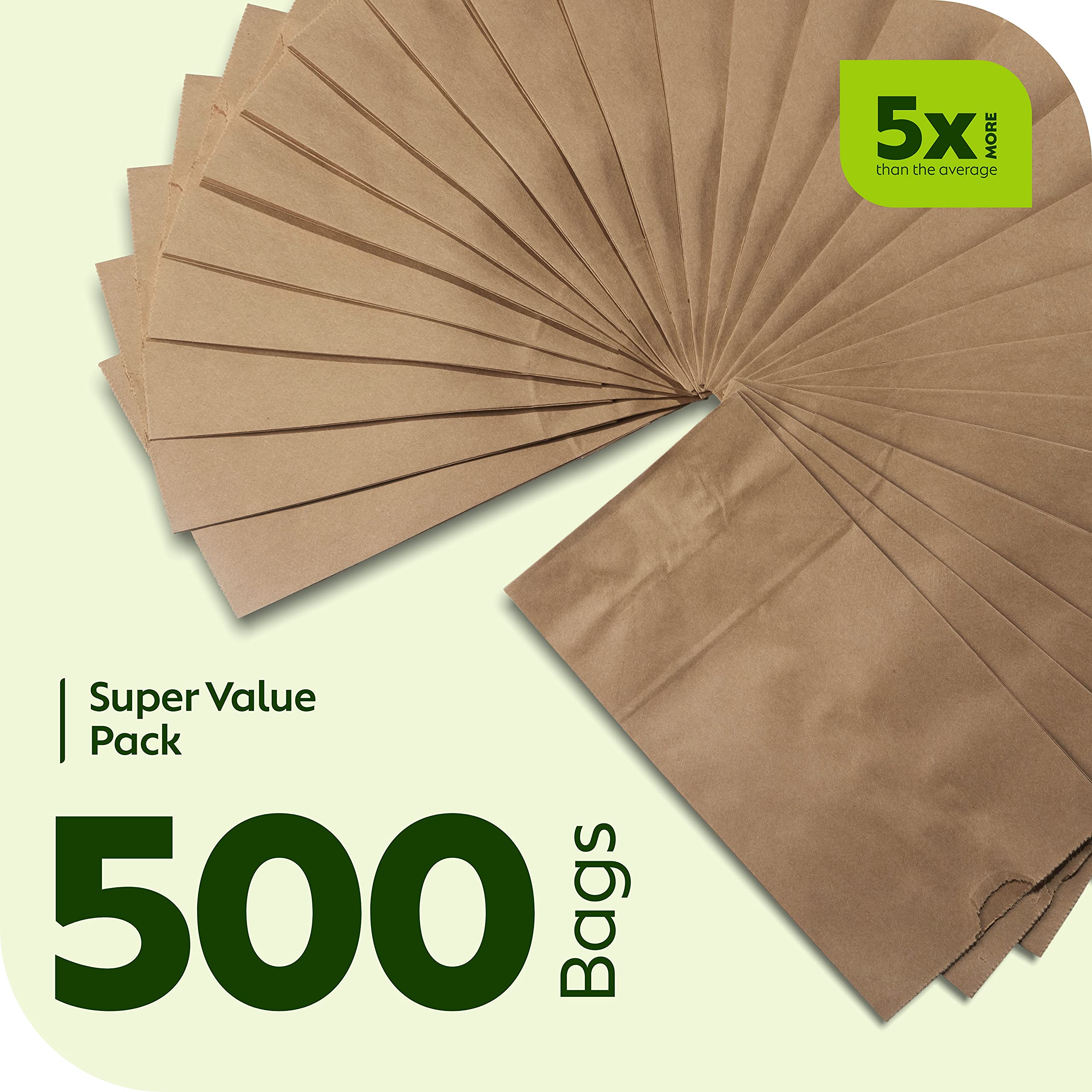 Durable Kraft Paper Bags 5 Lb - Eco-Friendly Brown Lunch Bags for Snacks, Sandwiches, Pastries, Popcorn & Groceries - Bulk 5.25 x 3.25 x 10.75 Inch Food Safe Bags (500 Count) - Perfect for School Lunches, Party Favors & Takeout Packaging