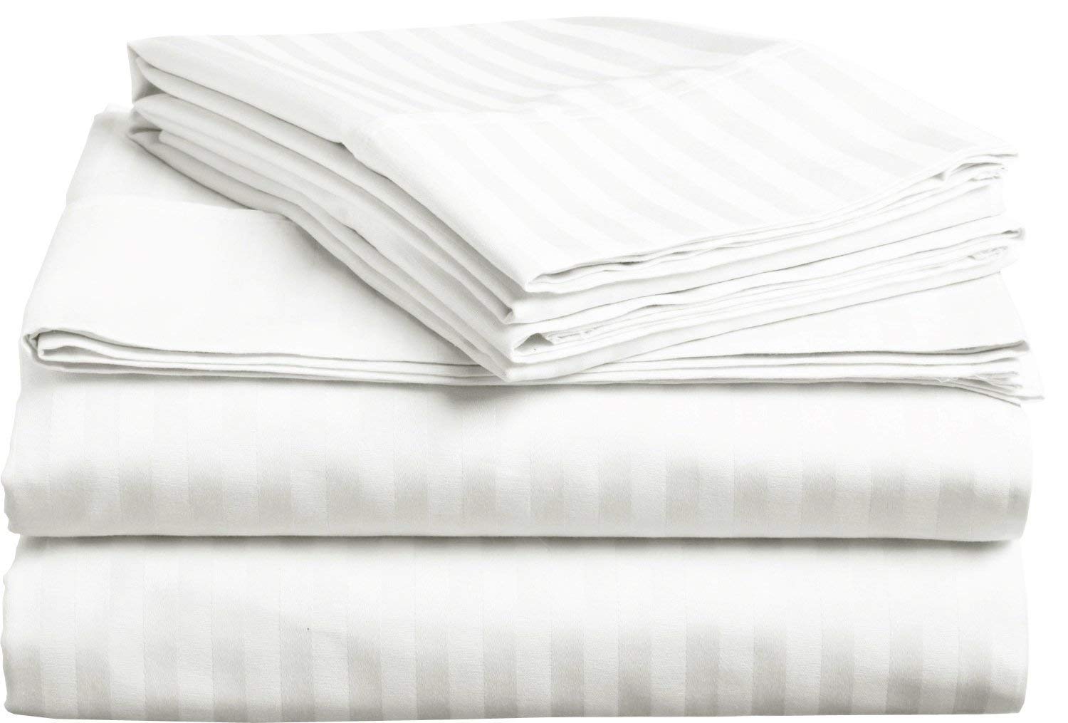 Opulence Bedding Stripe Sheet Set - Olympic Queen Size Organic Cotton Sheets - 500 Thread Count - 15 Inch Deep Pocket - White Luxury Bed Linens for Hotel & Home Use