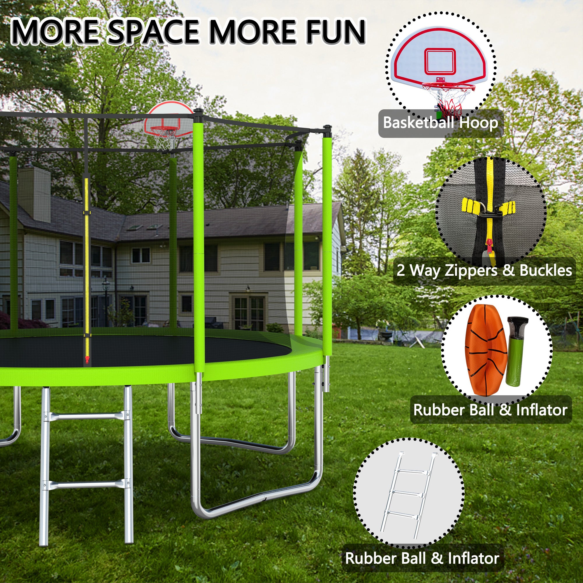 12FT Trampoline with Safety Enclosure - Green Outdoor Trampoline for Kids & Adults, Includes Basketball Hoop & Ball - Perfect for Backyard Fun, Exercise, and Family Recreation