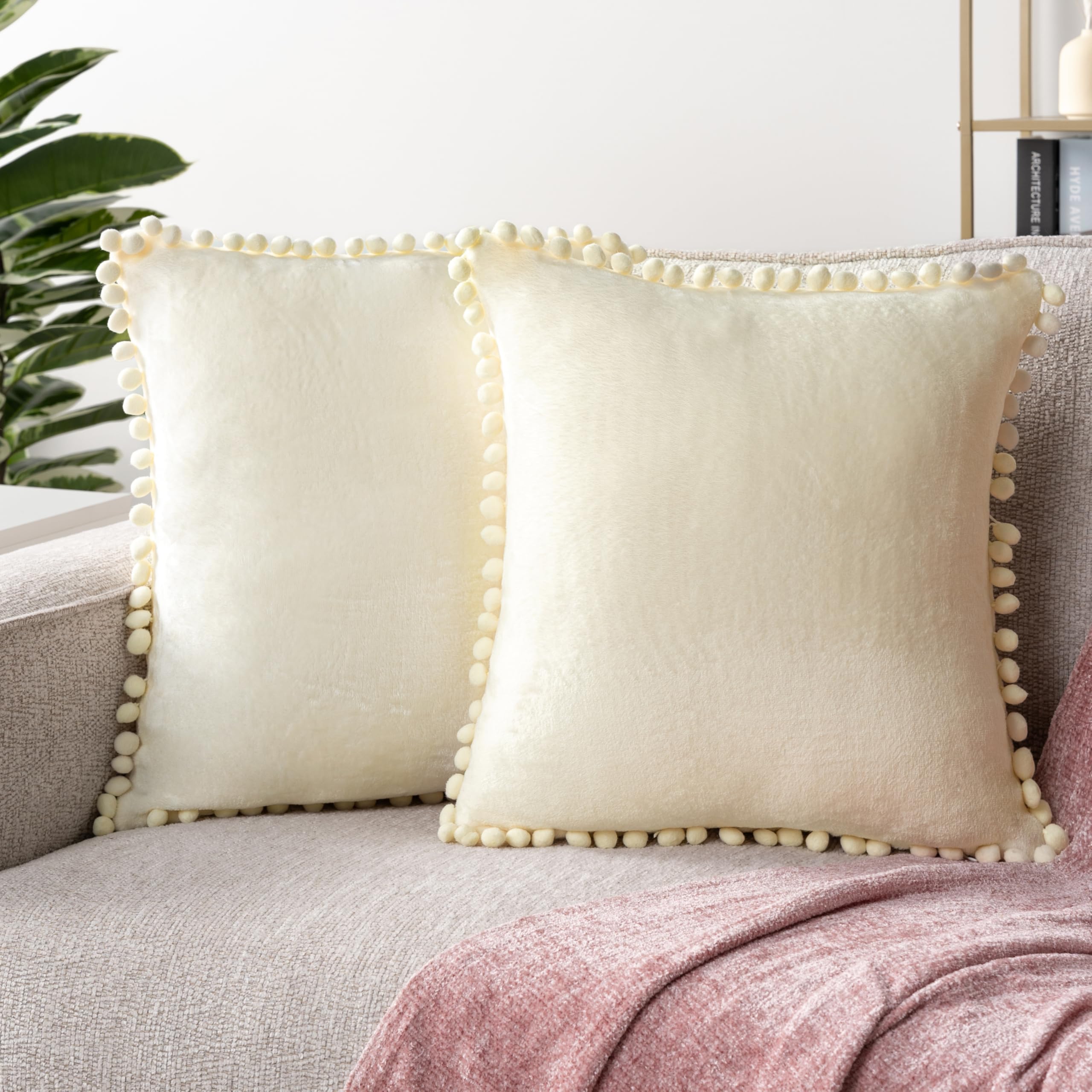 PAVILIA 18x18 Inch Cream Beige Velvet Throw Pillow Covers Set of 2 - Soft Plush Euro Square Decorative Cushion Cases with Pom Pom Trim for Sofa, Couch, Bed & Living Room - Cozy Home Decor & Aesthetic Bedroom Accent