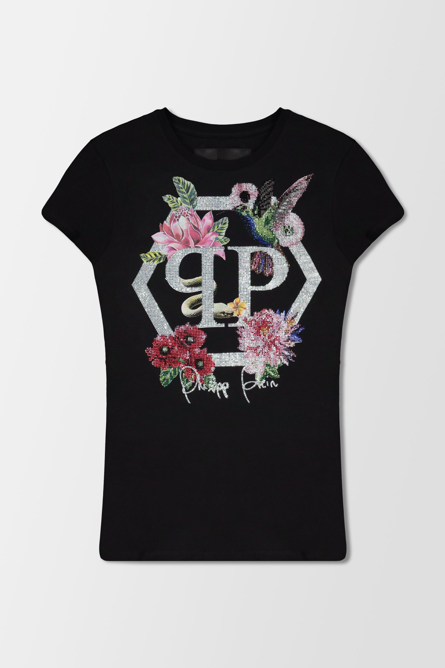 Philipp Plein Black Round Neck Short Sleeve Floral Print T-Shirt for Men - Casual Streetwear & Summer Fashion