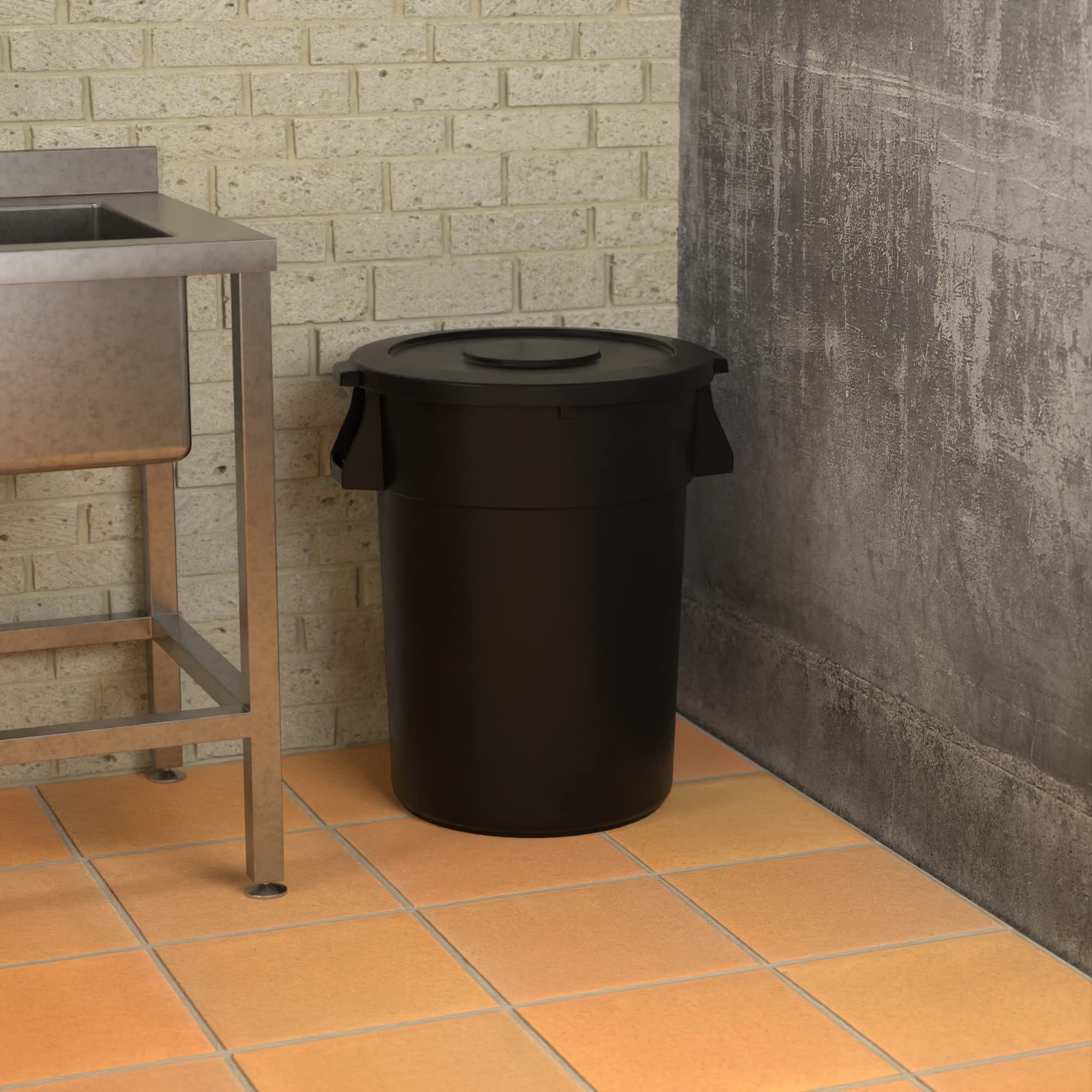 44 Gallon Black Round Commercial Trash Can with Lid - Heavy Duty Waste Bin for Office, Restaurant, Kitchen & Outdoor Use