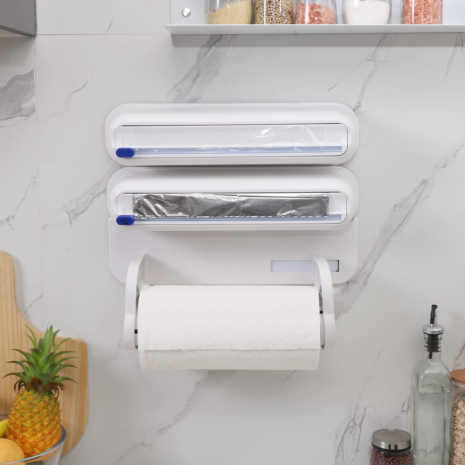 Levvohd 3-in-1 Aluminum Foil, Plastic Wrap & Wax Paper Dispenser with Built-in Cutter - Wall Mount Kitchen Organizer for 12
