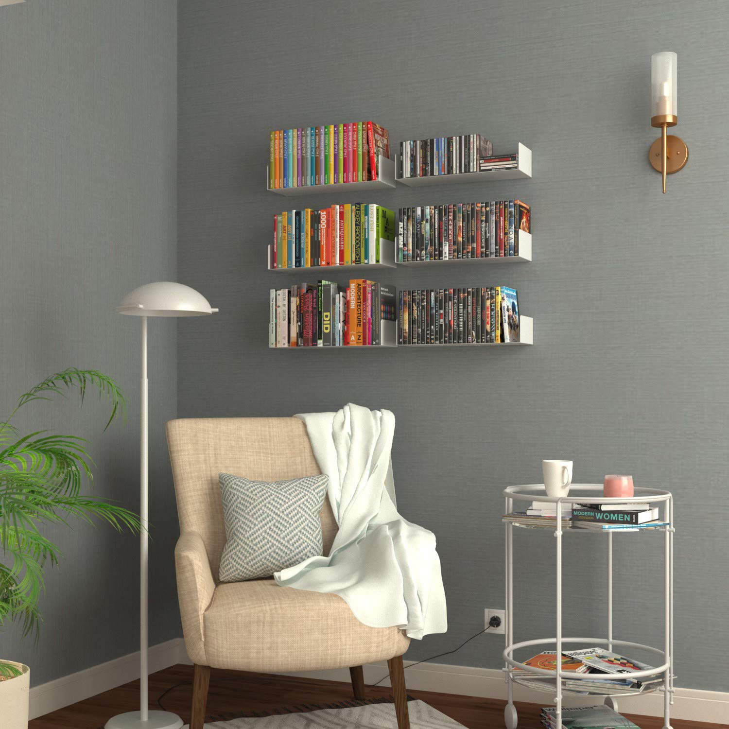 Wallniture Bali White U-Shaped Floating Shelves - Set of 6 for Wall Storage, Books, DVDs & Home Decor | Perfect for Living Room, Bedroom & Office Organization
